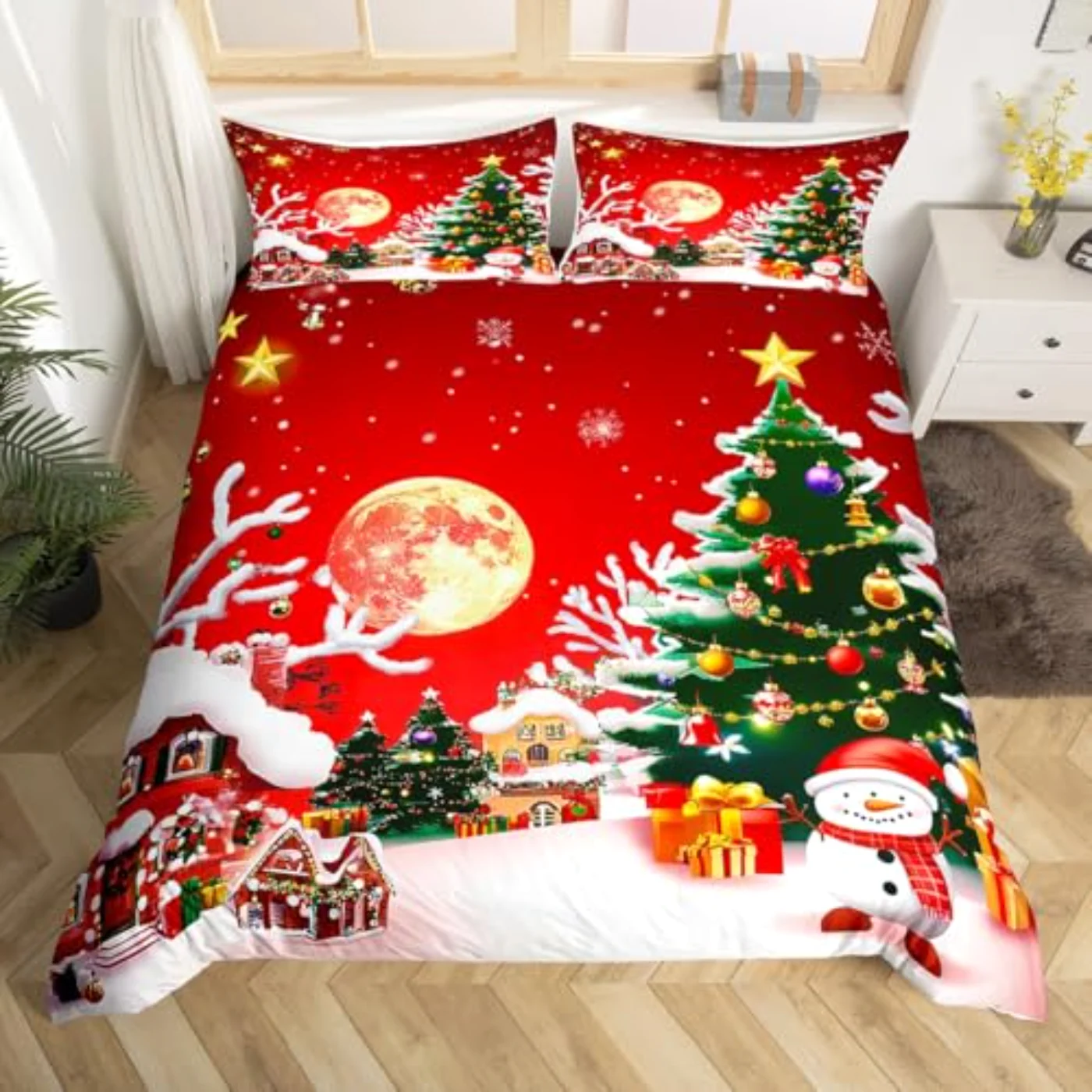 Santa Claus Christmas Tree Red Duvet Cover, Full