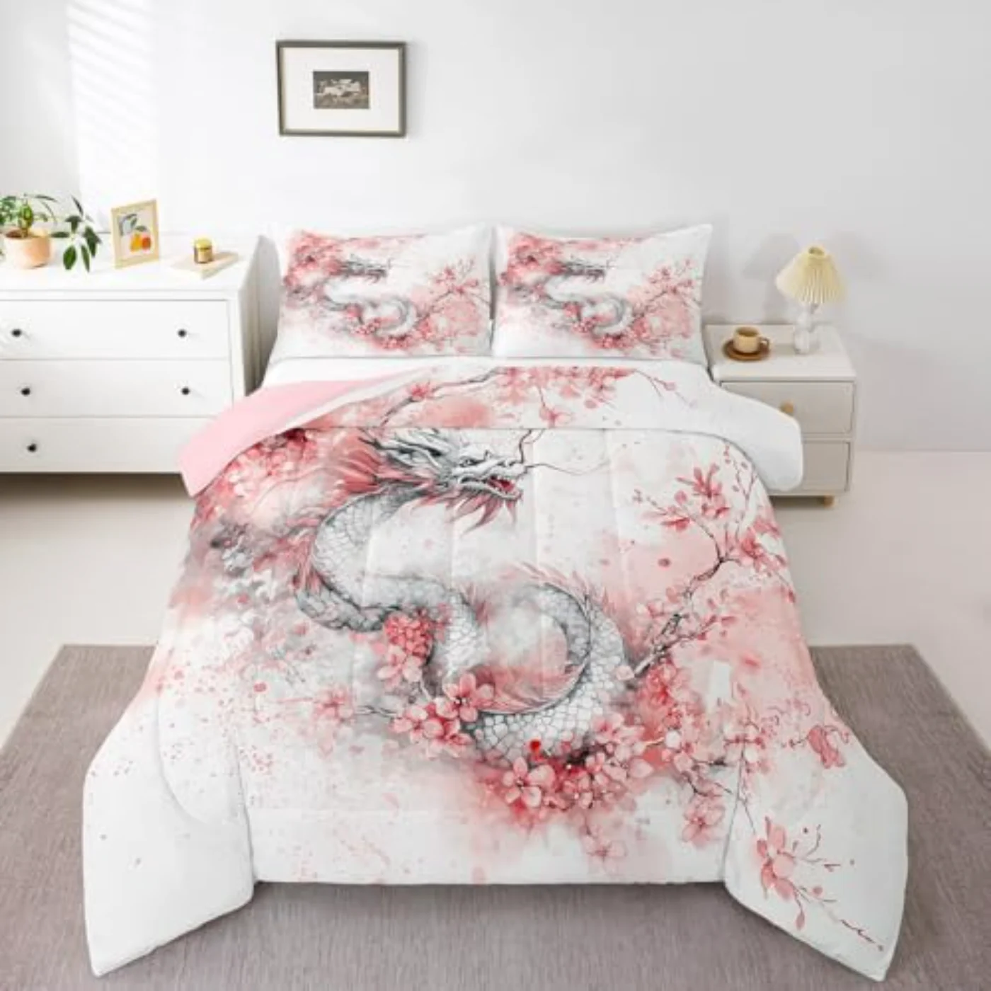 Japanese White Dragon Girls Boys Comforter Set, Full
