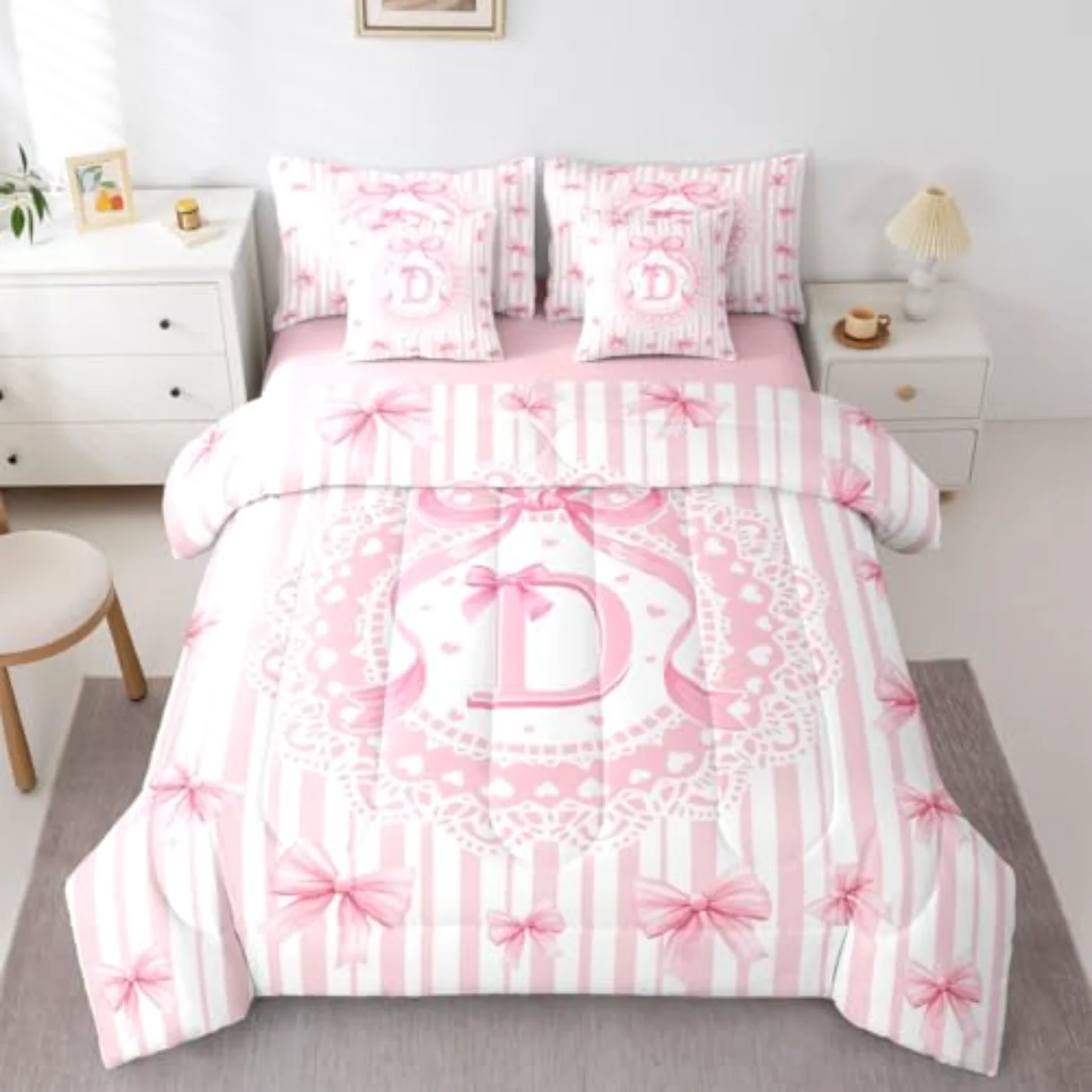 Girls Pink Bow Initial - Comforter Set, Twin
