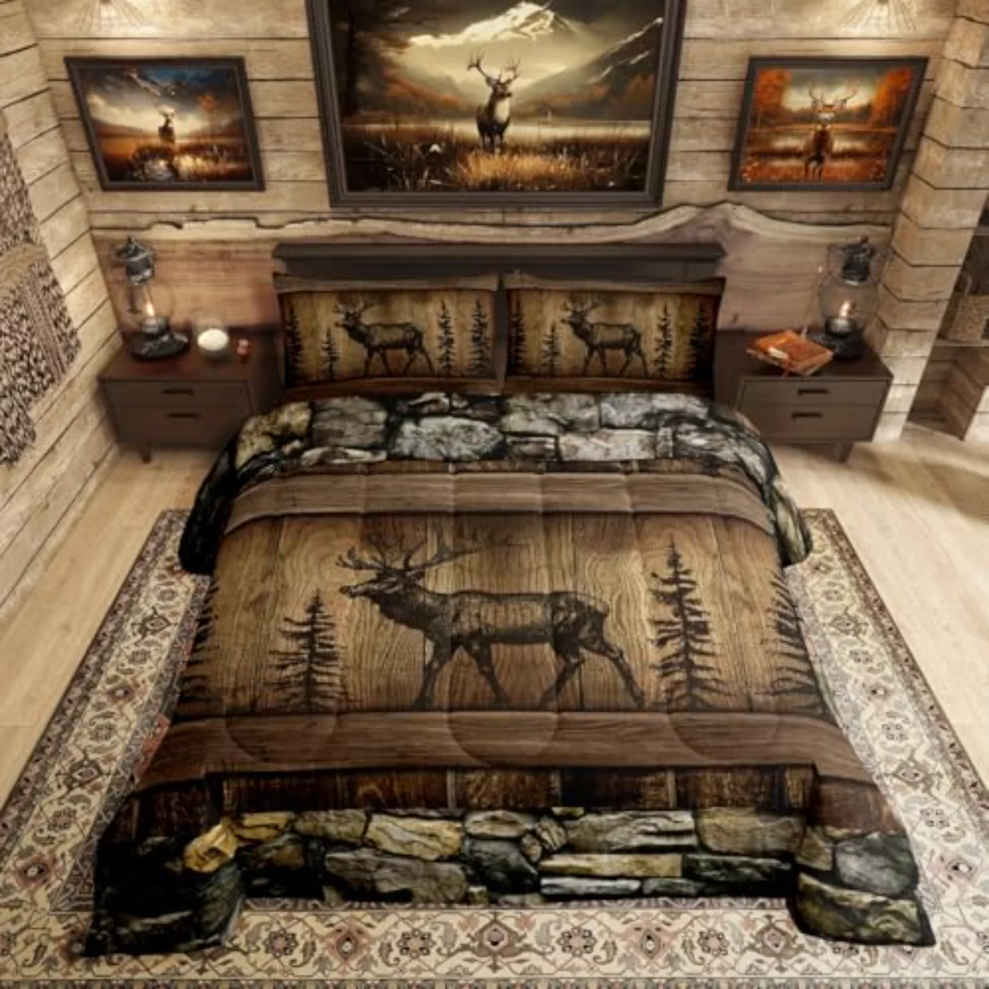 Deer Moose Rustic Cabin Lodge Comforter Set, Queen