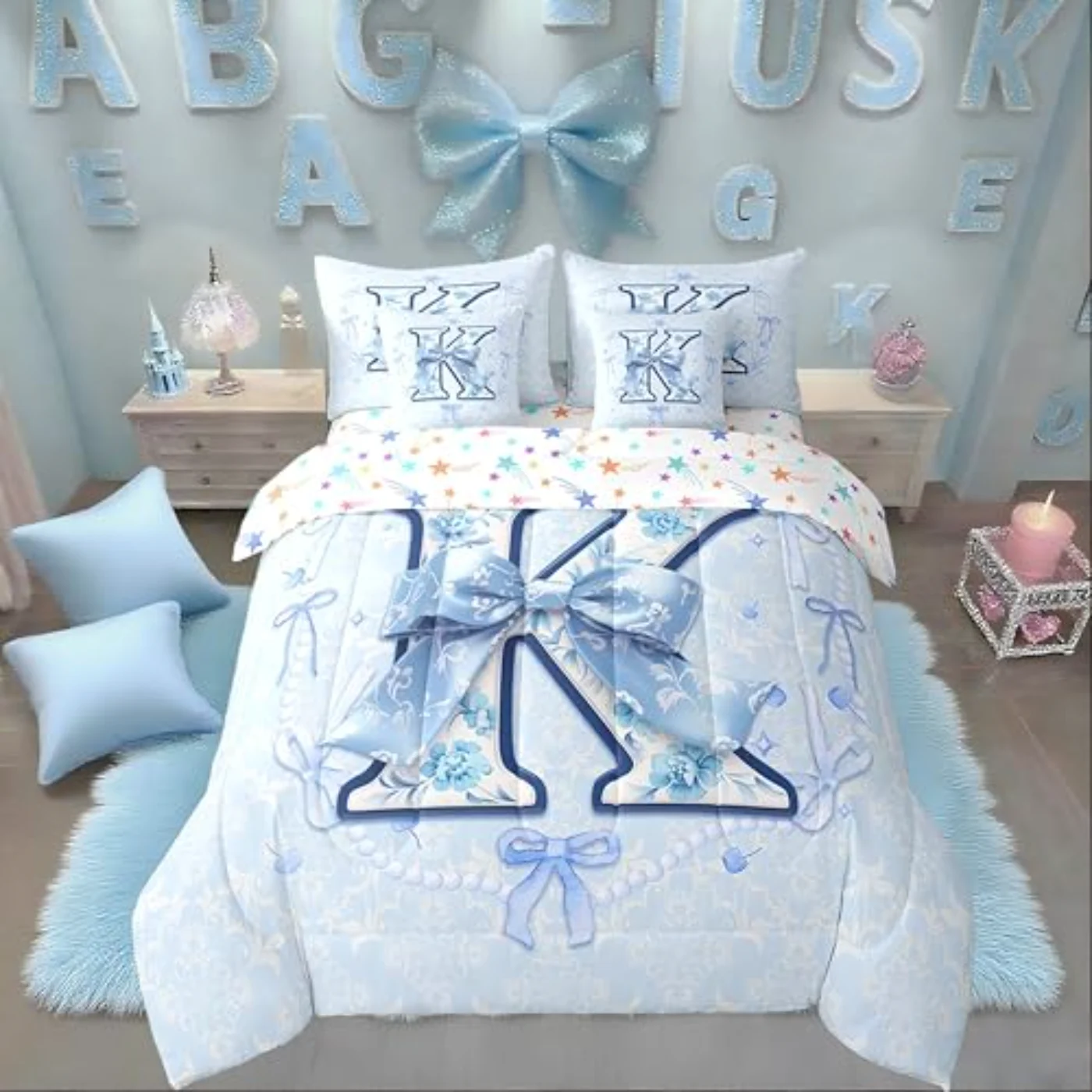 Blue Coquette Bow Coquette Bowknots Comforter Set, Twin