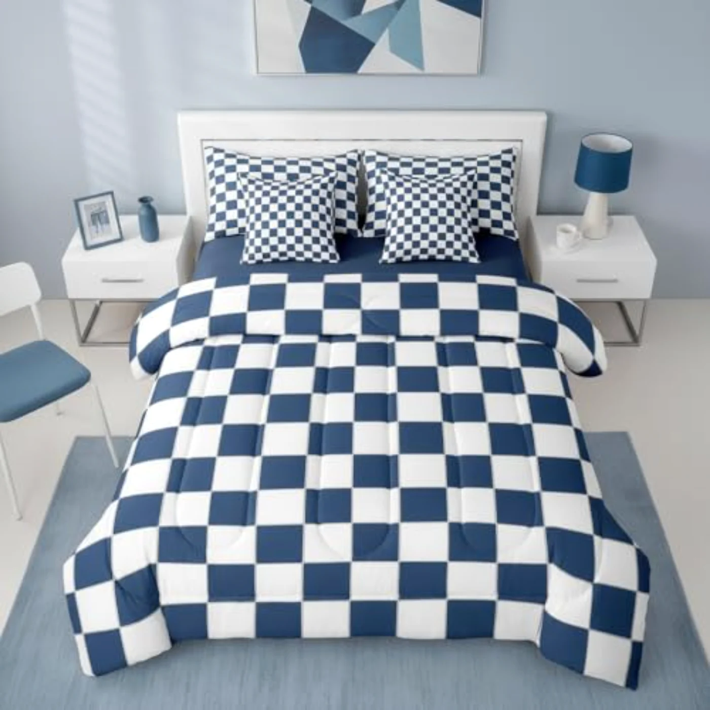 White Blue Plaid Sheets Navy Comforter Set, Twin