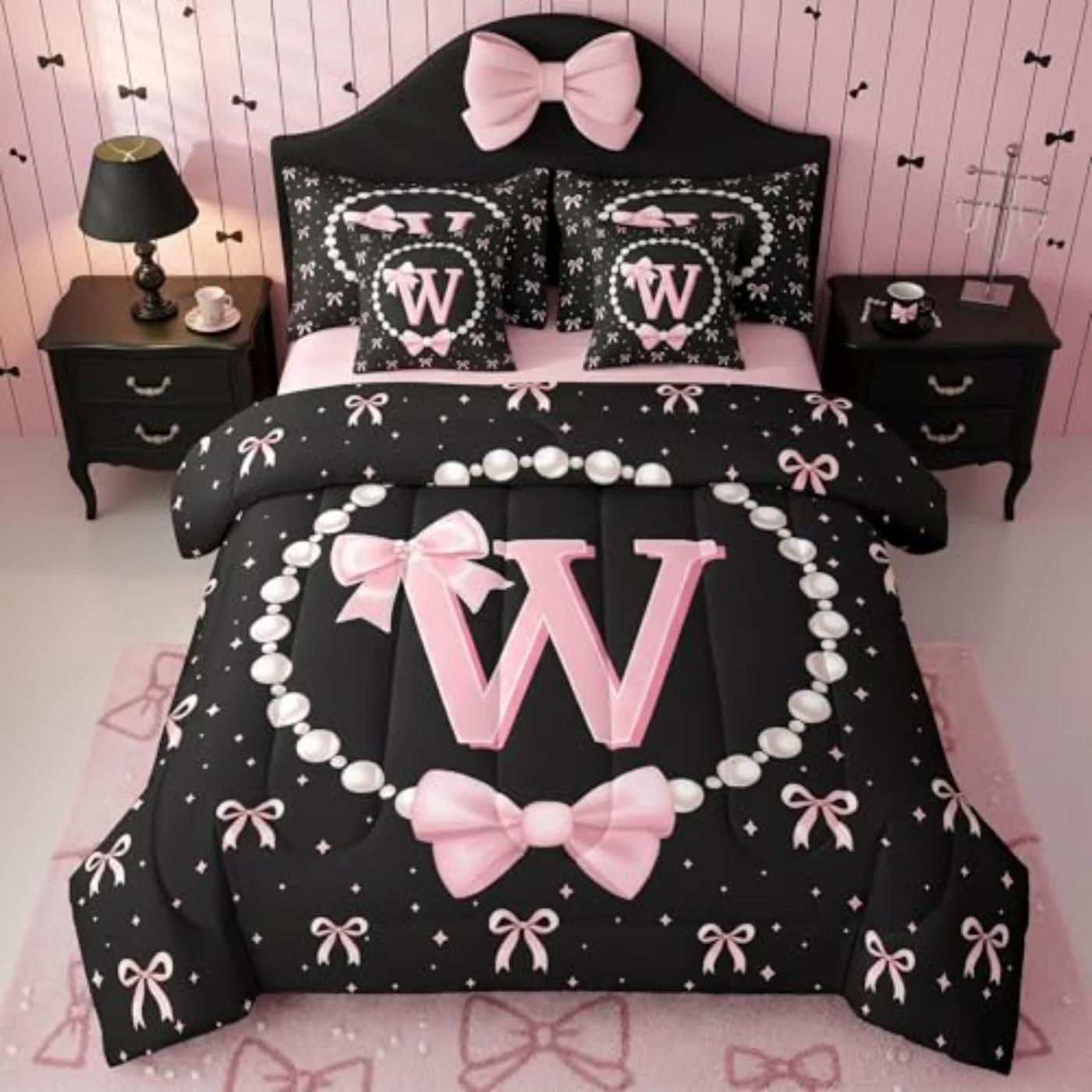 Girls Pink Bow Initial Sheets Comforter Set, Twin
