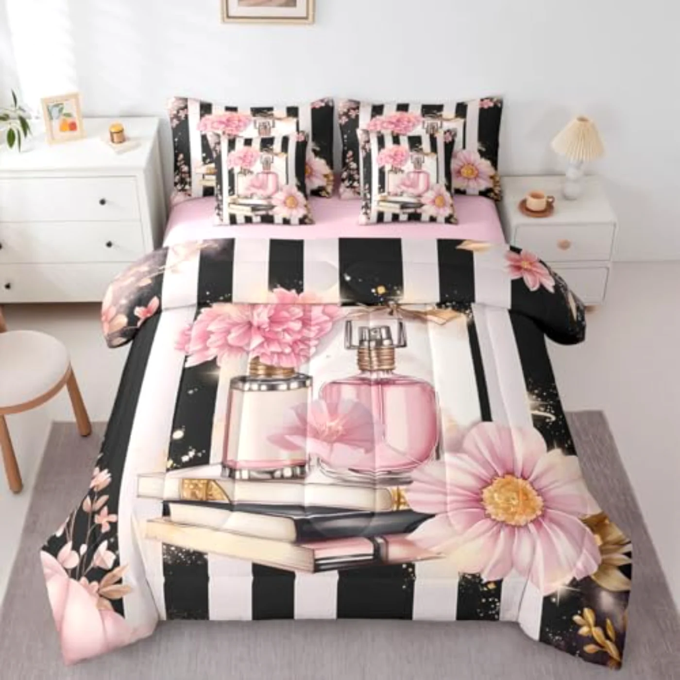 Pink Floral In Bag Modern Comforter Set, Full