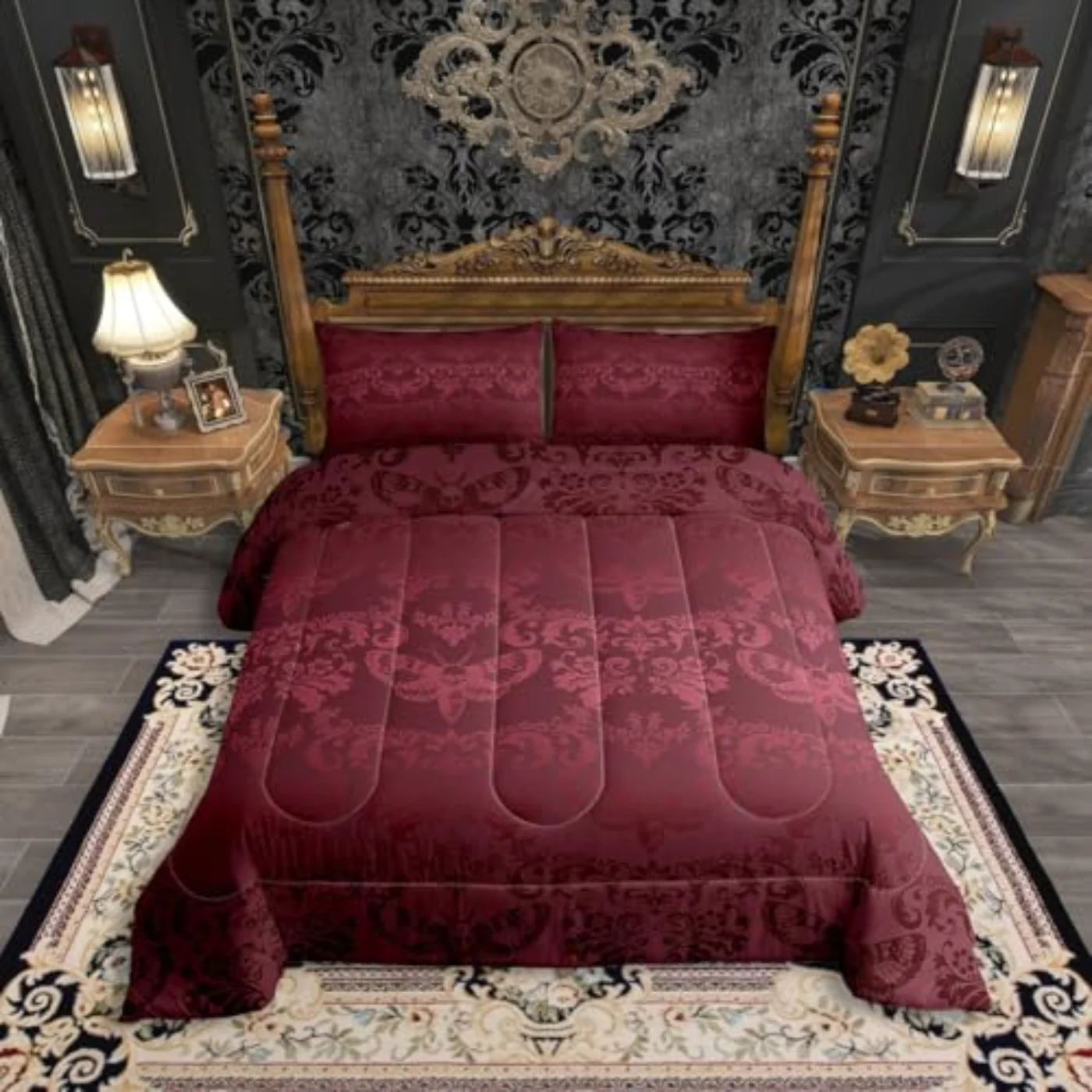 Gothic Burgundy Moth Goth Vintage Comforter Set, Queen