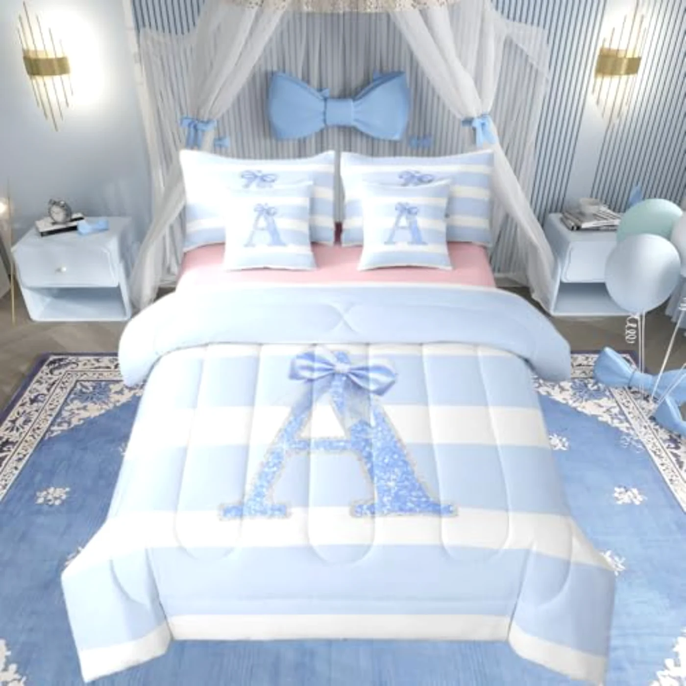 Blue Bow Girls Initial Letter Comforter Set, Full