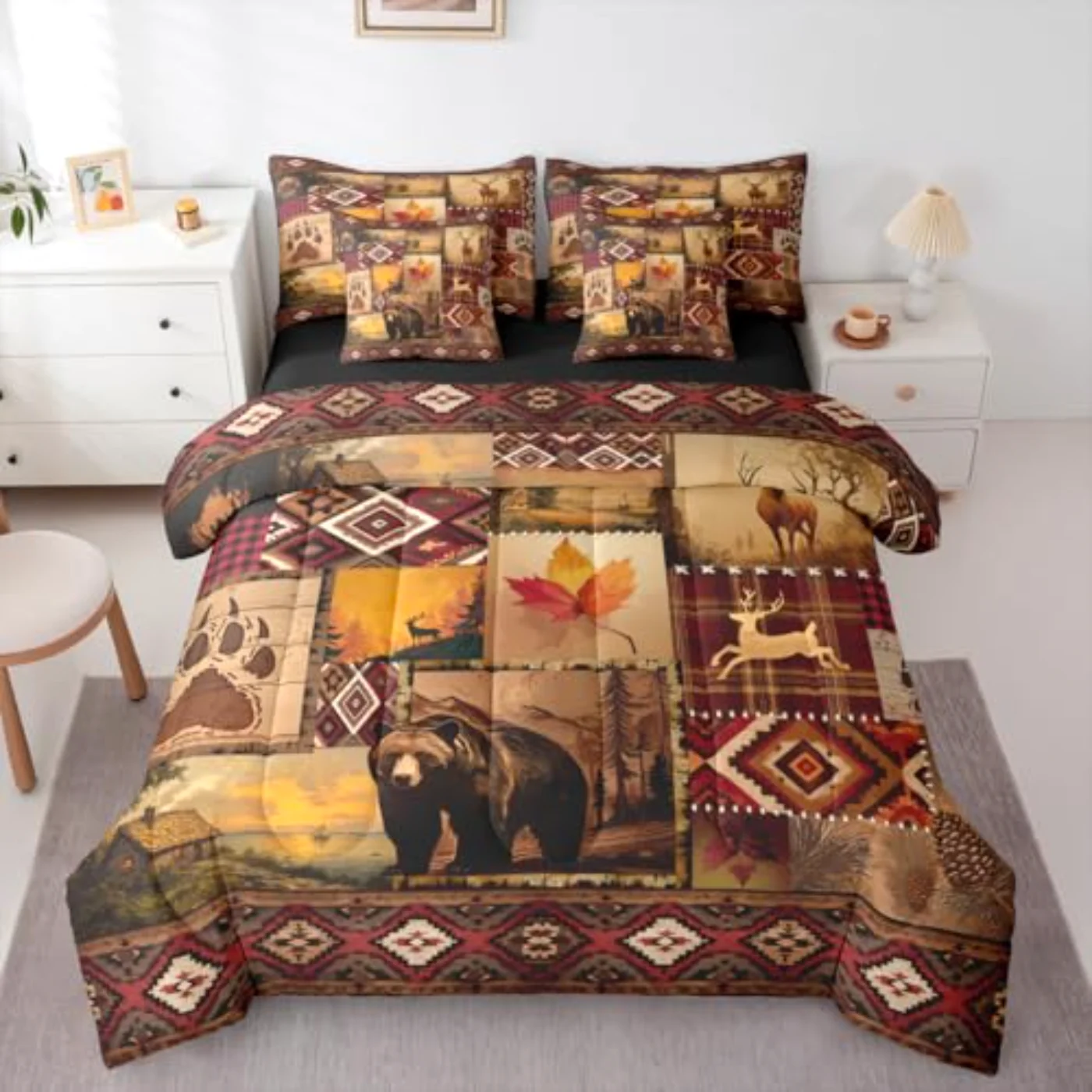 Vintage Rustic Farmhouse Lodge Bear Comforter Set, Full