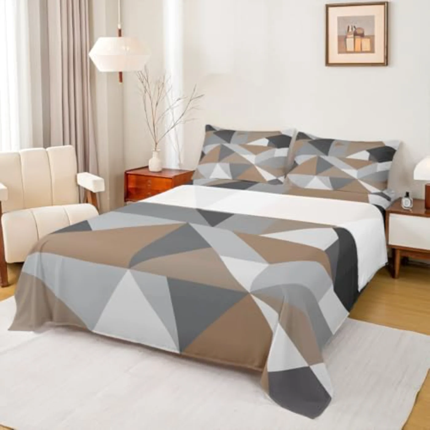 Modern Geometric Brown Grey White Sheet Set, Queen