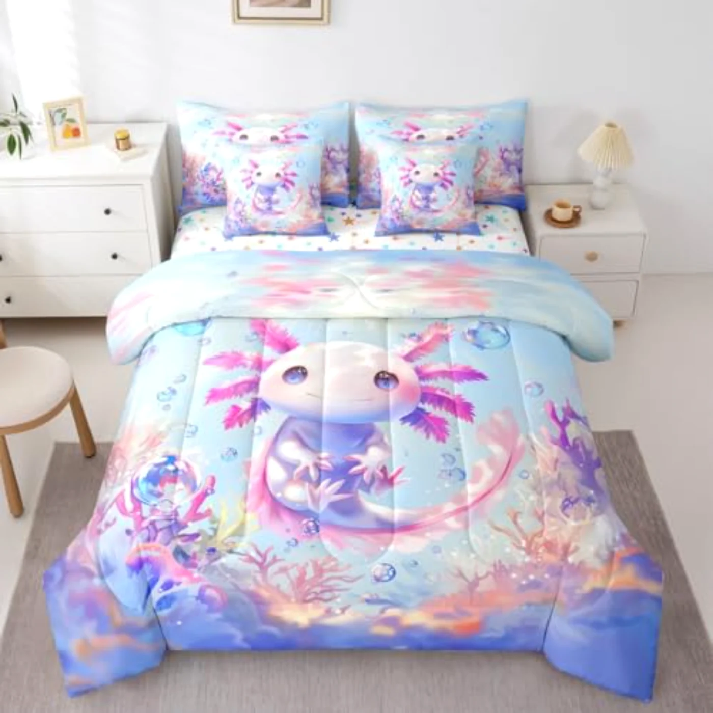 Girls Cute Axolotl In Bag Comforter Set, Twin