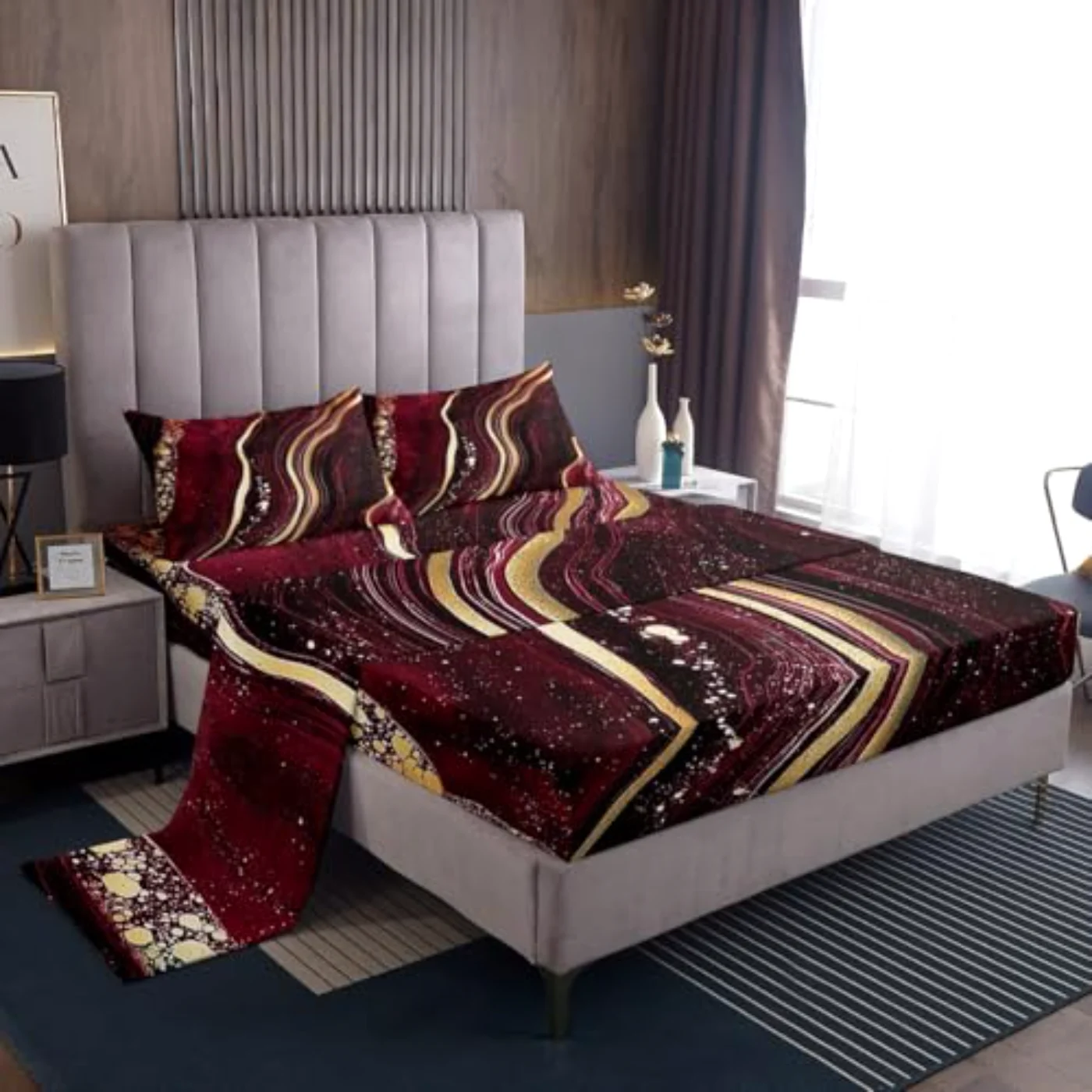 Brownish Red Gold Marble Flat Sheet Set, Twin