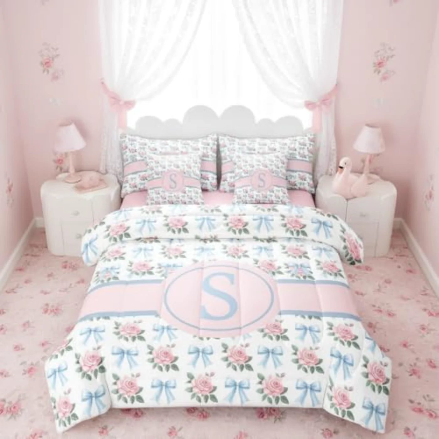 Initial Letter S Coquette Bow Comforter Set, Twin