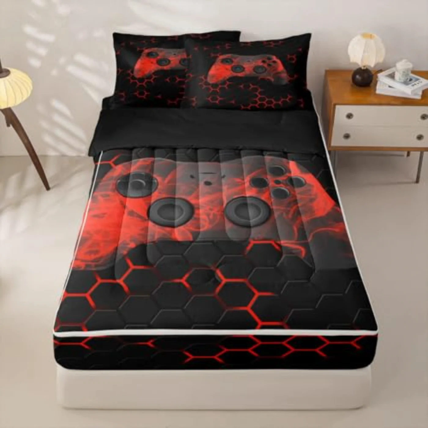 Gamer Zipper Geometric Honeycomb Hexagon Comforter Set, Twin