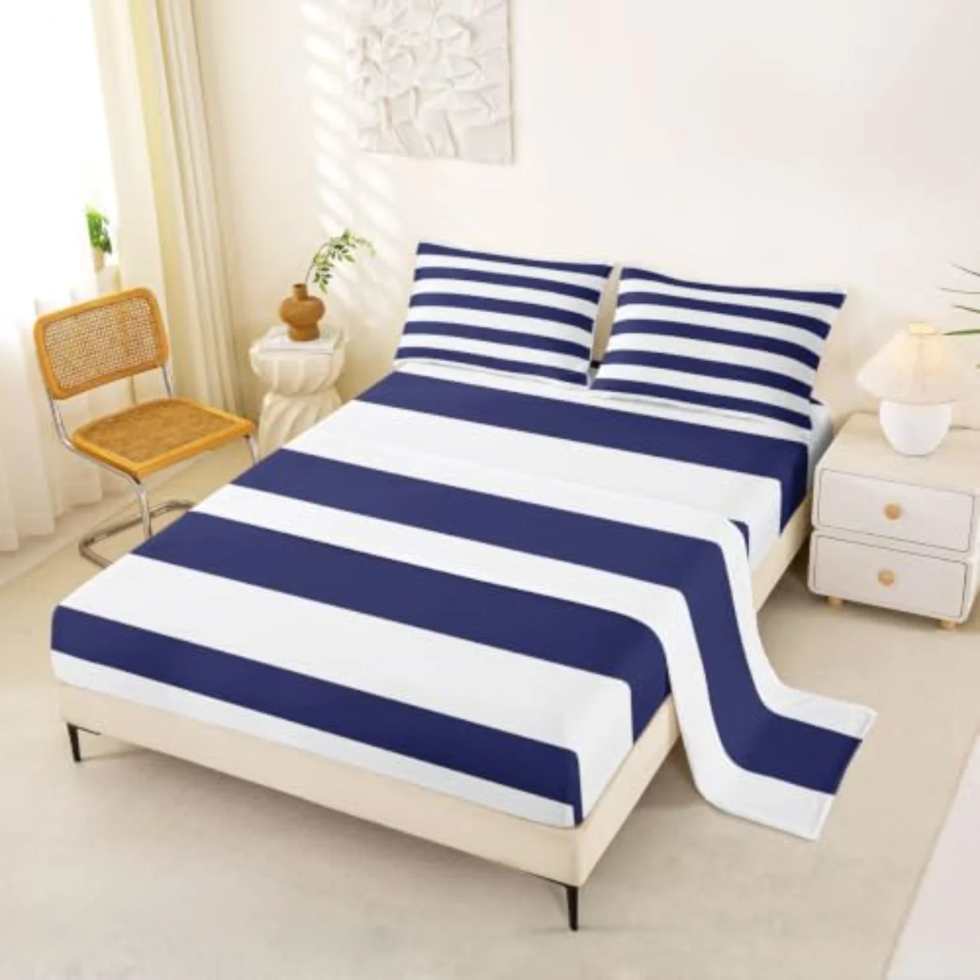 Striped Sheets Navy Blue White Sheet Set, Full