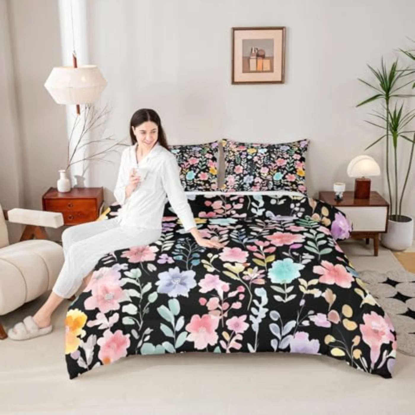 Black Floral Comforter Set, Twin