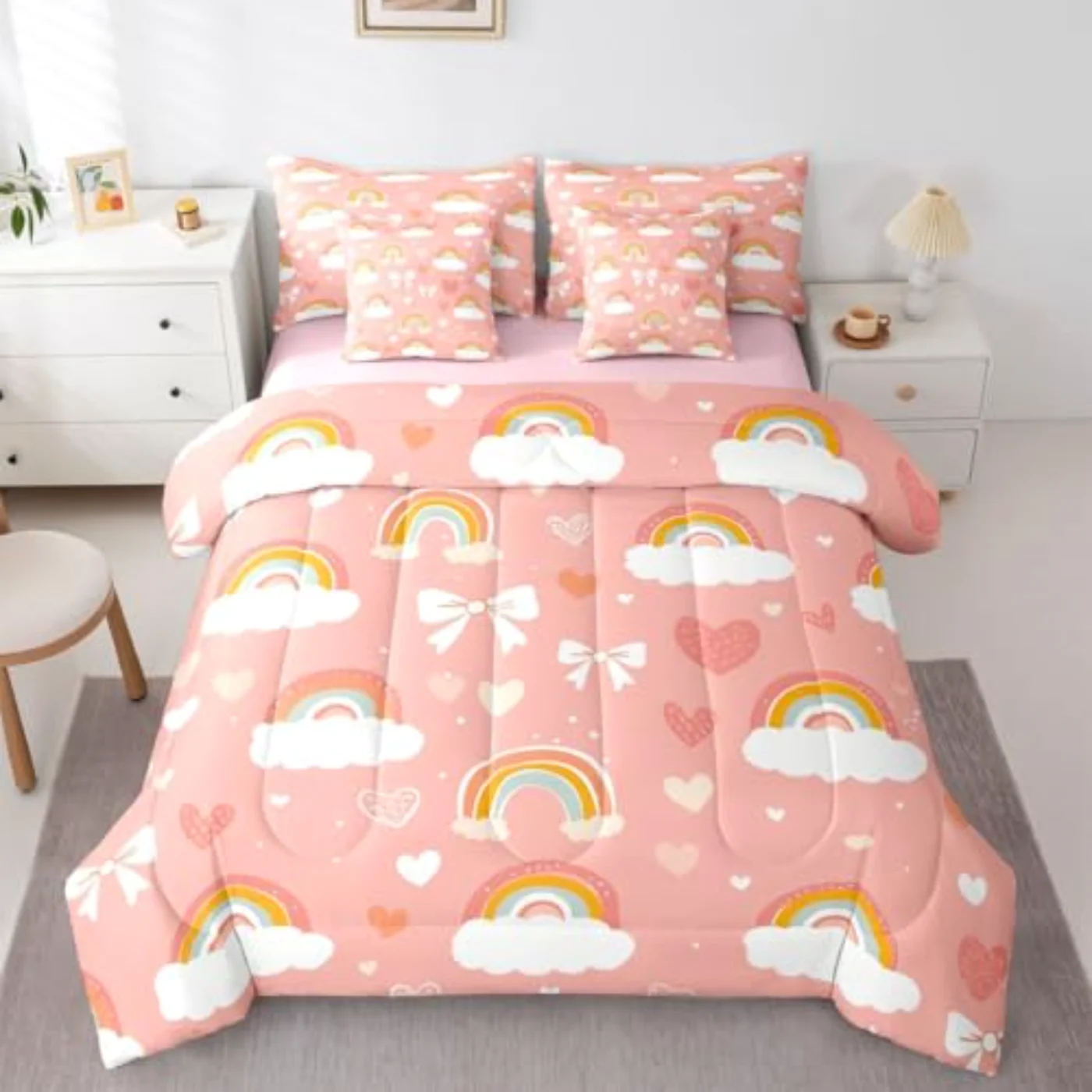 Rainbow Bowknot Sheets Kawaii Cartoon Comforter Set, Twin