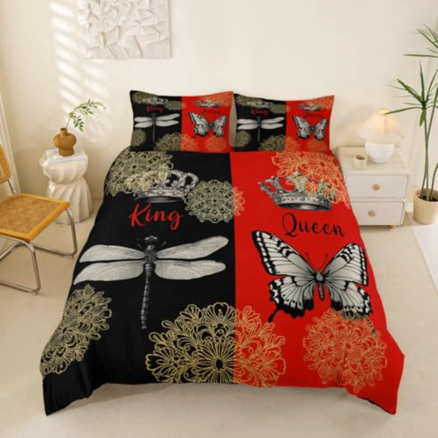 Butterfly Golden Bohemian Floral Retro Duvet Cover, Full