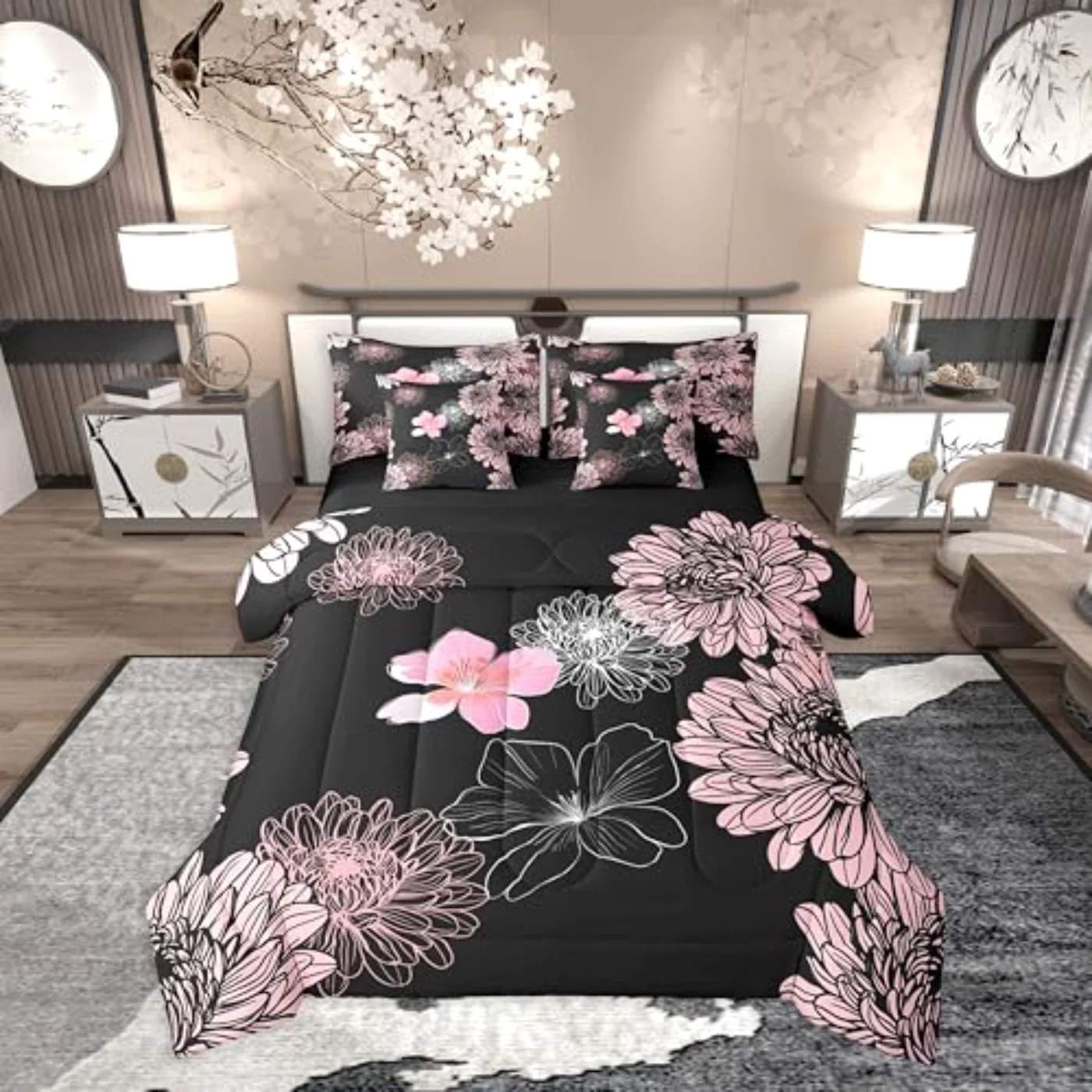 Pink Black Floral Boho Women Comforter Set, Full
