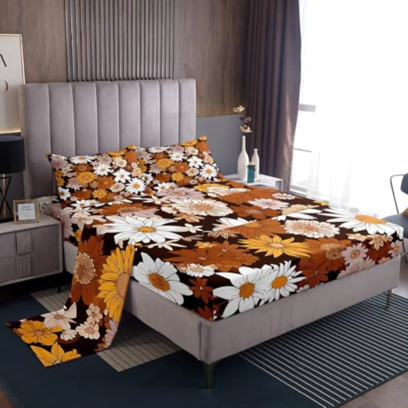 Bohemian Fall Floral Retro Groovy Sheet Set, Queen