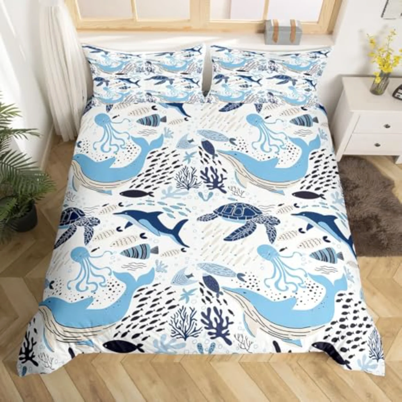 Turtle White Blue Whale Teen Duvet Cover, Queen