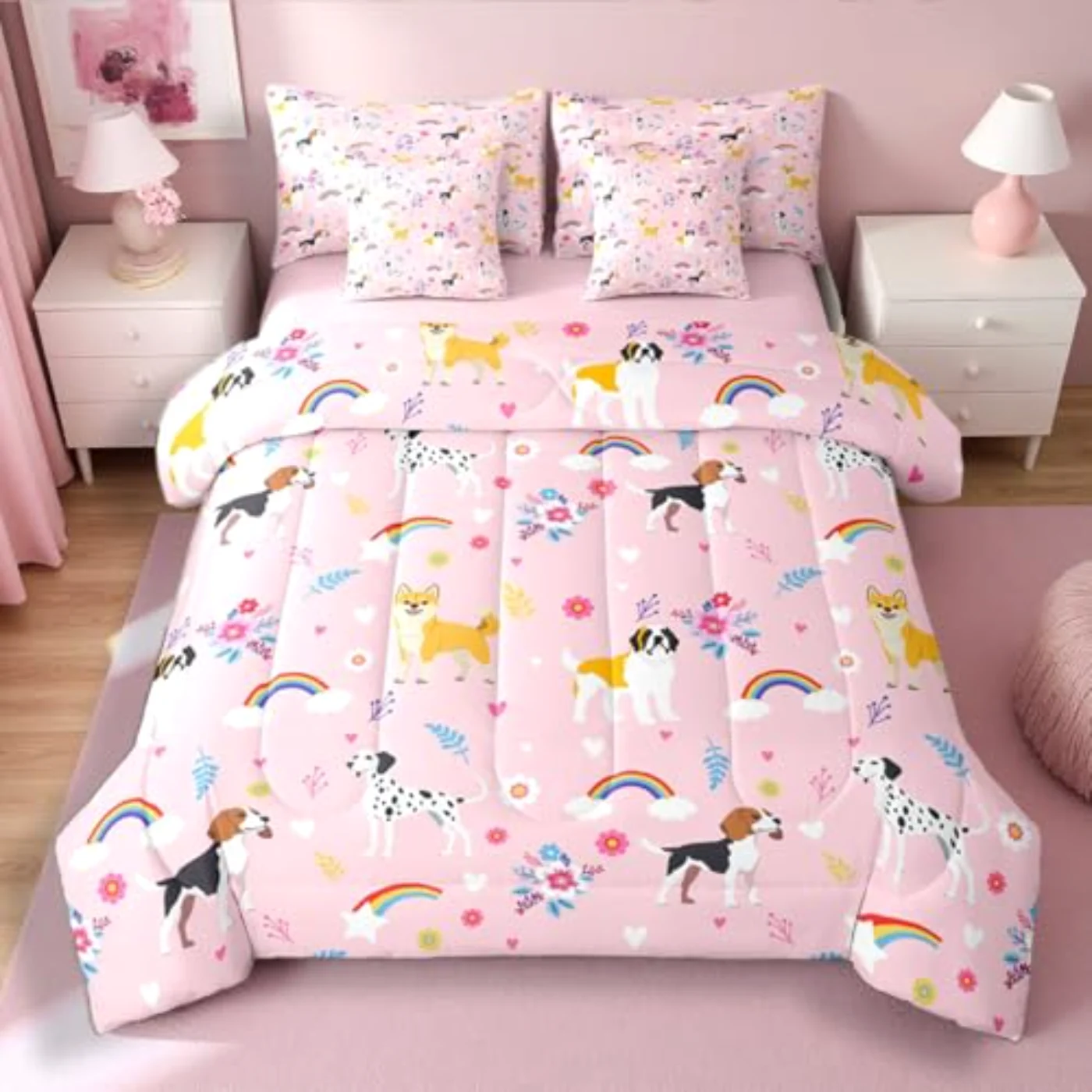 Cartoon Pet Dog Pink Love Comforter Set, Queen