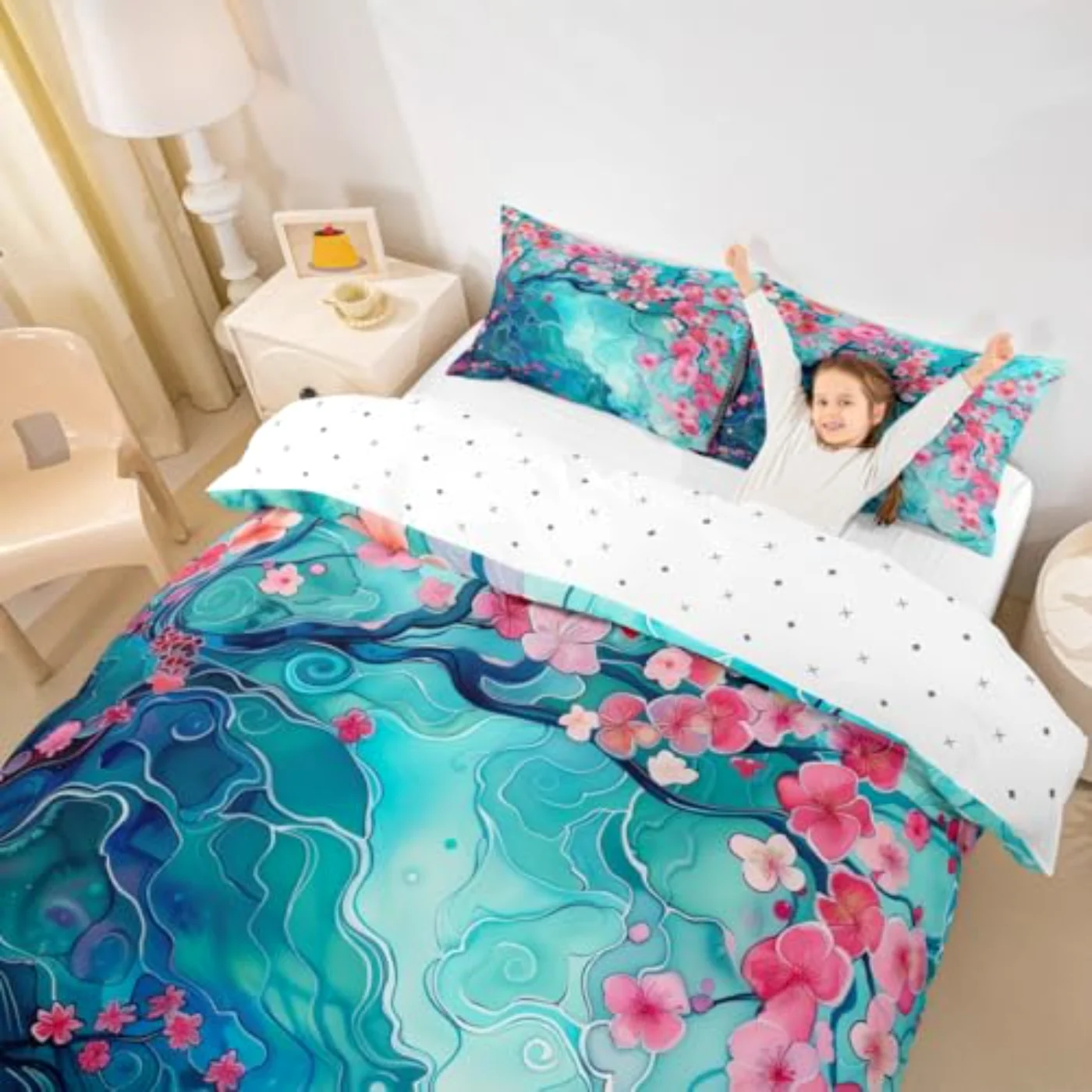 Turquoise Marble Pink Cherry Blossoms Duvet Cover, Queen