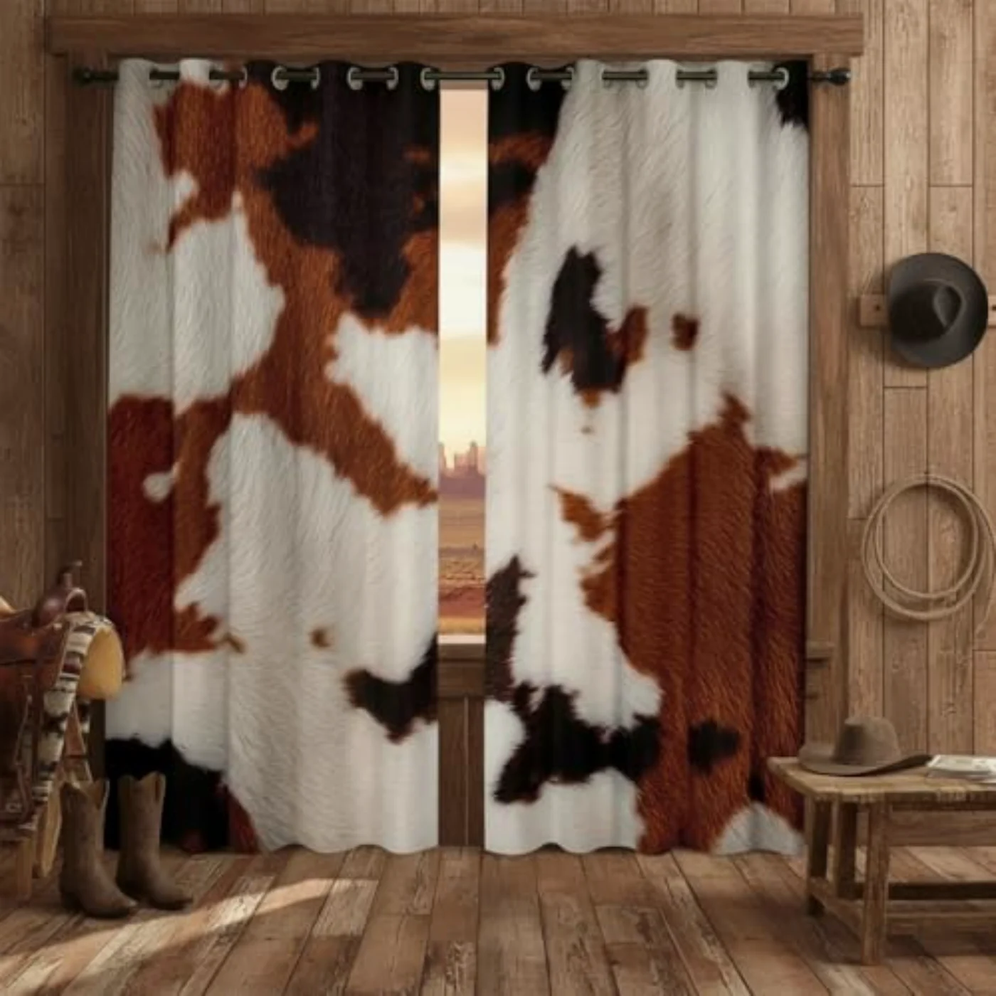 Cowhide Blackout Curtains Western, Brown (R4ML)