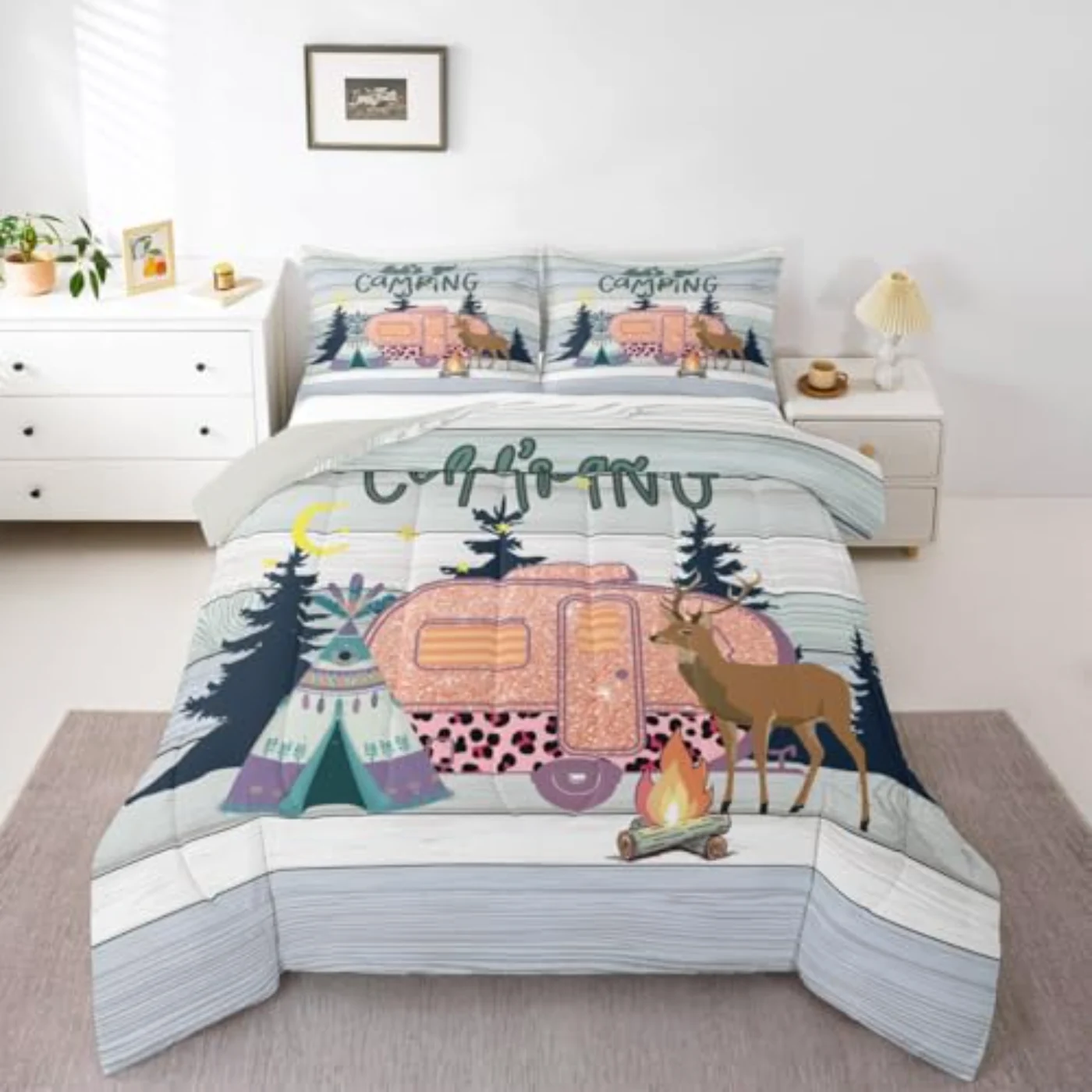 Kids Camping Pink Camper Girls Quilt, Twin