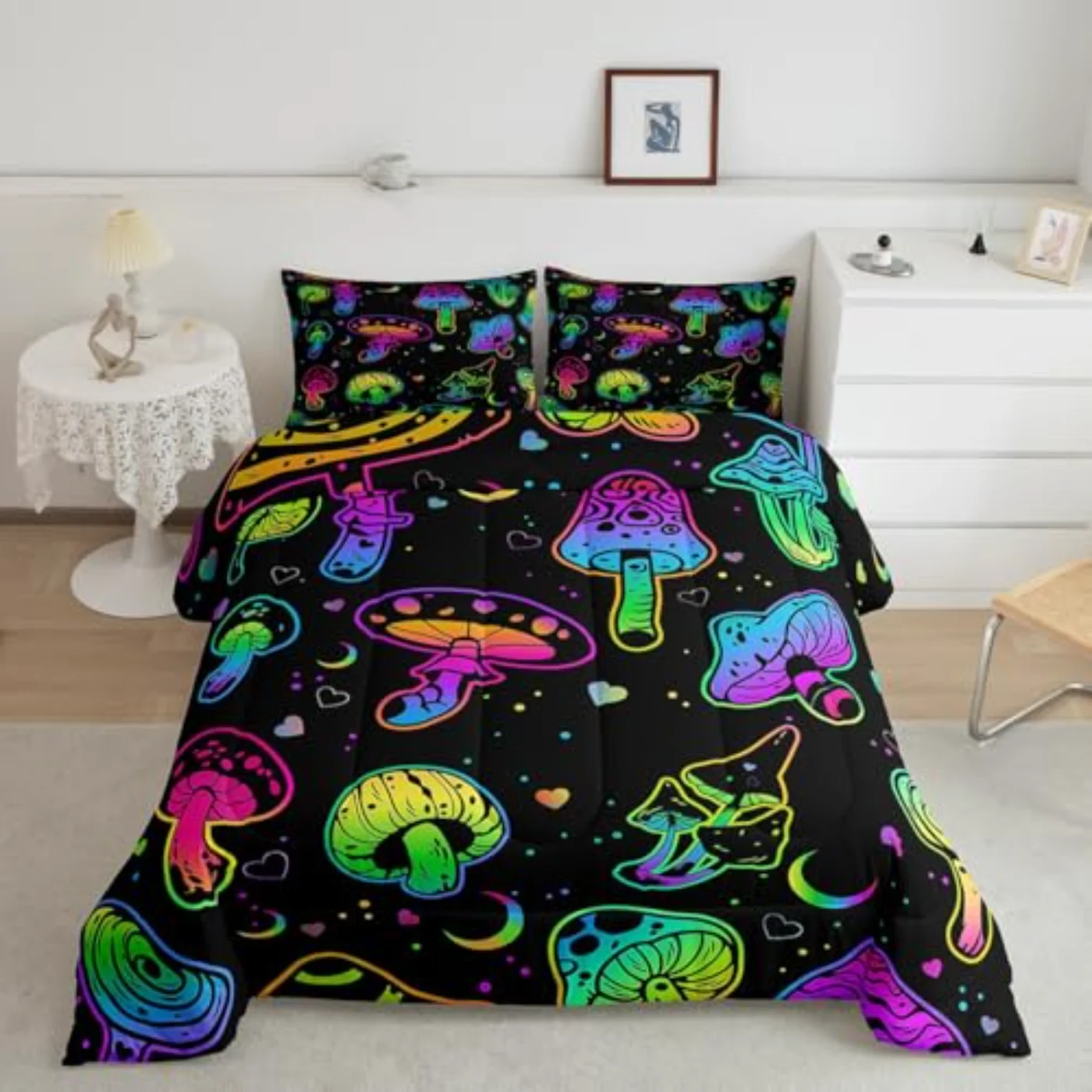 Mushroom Kawaii Trippy Psychedelic Botanical Comforter Set, Twin