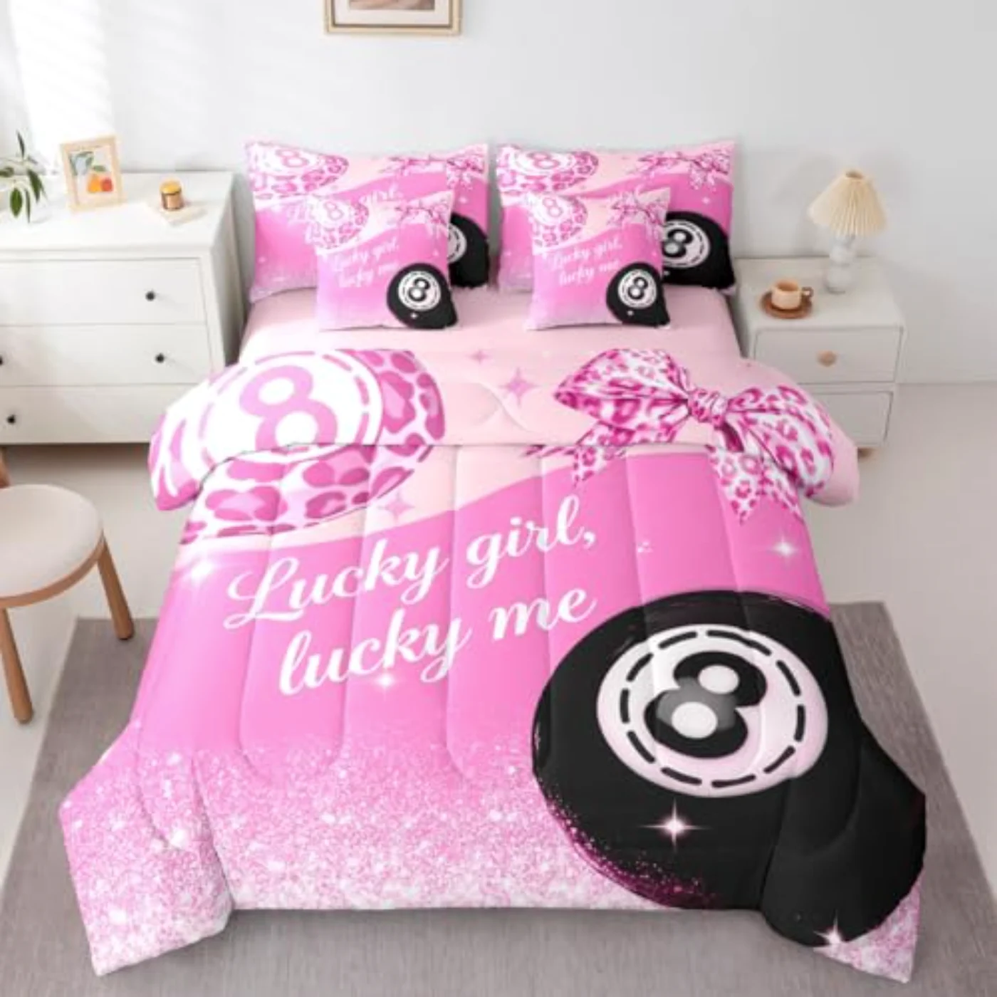 Pink Leopard Bow Girls Preppy Comforter Set, Twin