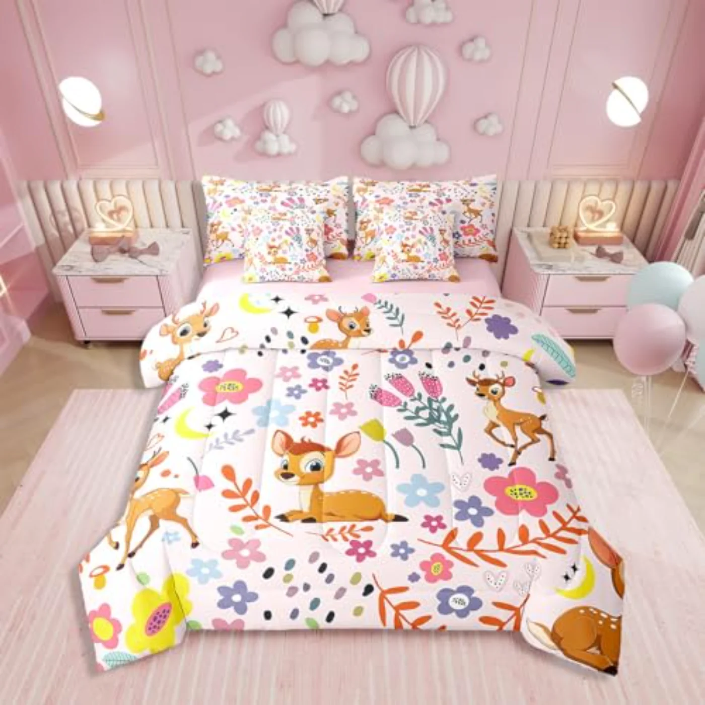 Girls Floral Deer In Bag Comforter Set, Full