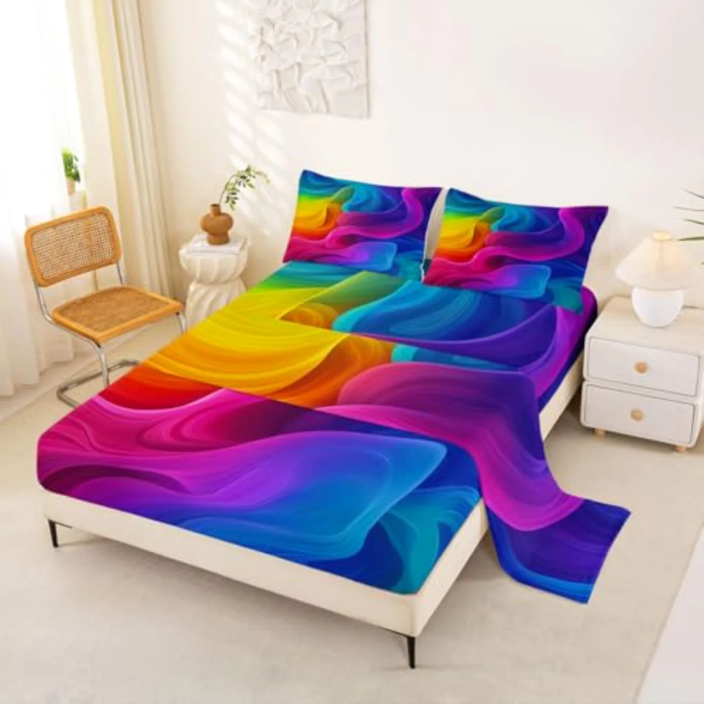 Colorful Geometric Sheets Rainbow Stripe Sheet Set, King