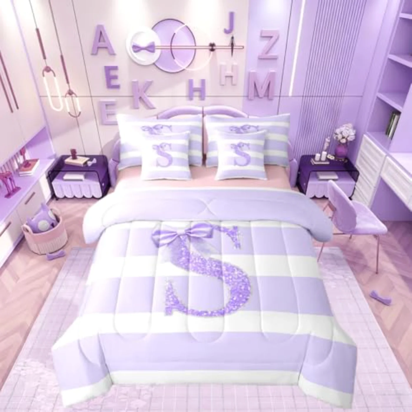 Monogram Letter S Kids Purple Comforter Set, Twin