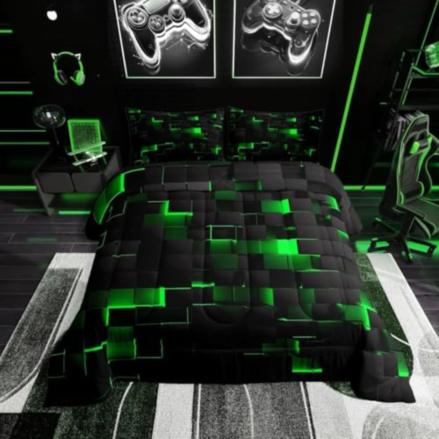 Black Green Neon Geometric Checkered Comforter Set, Full