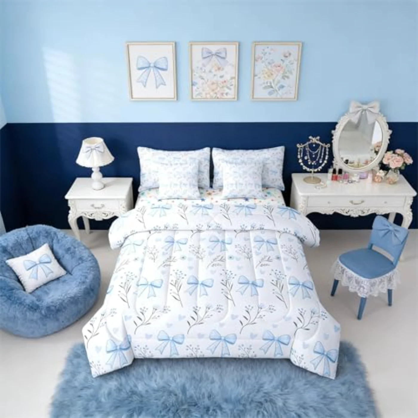 Bowknot Florals Sheets Blue Love Comforter Set, Twin
