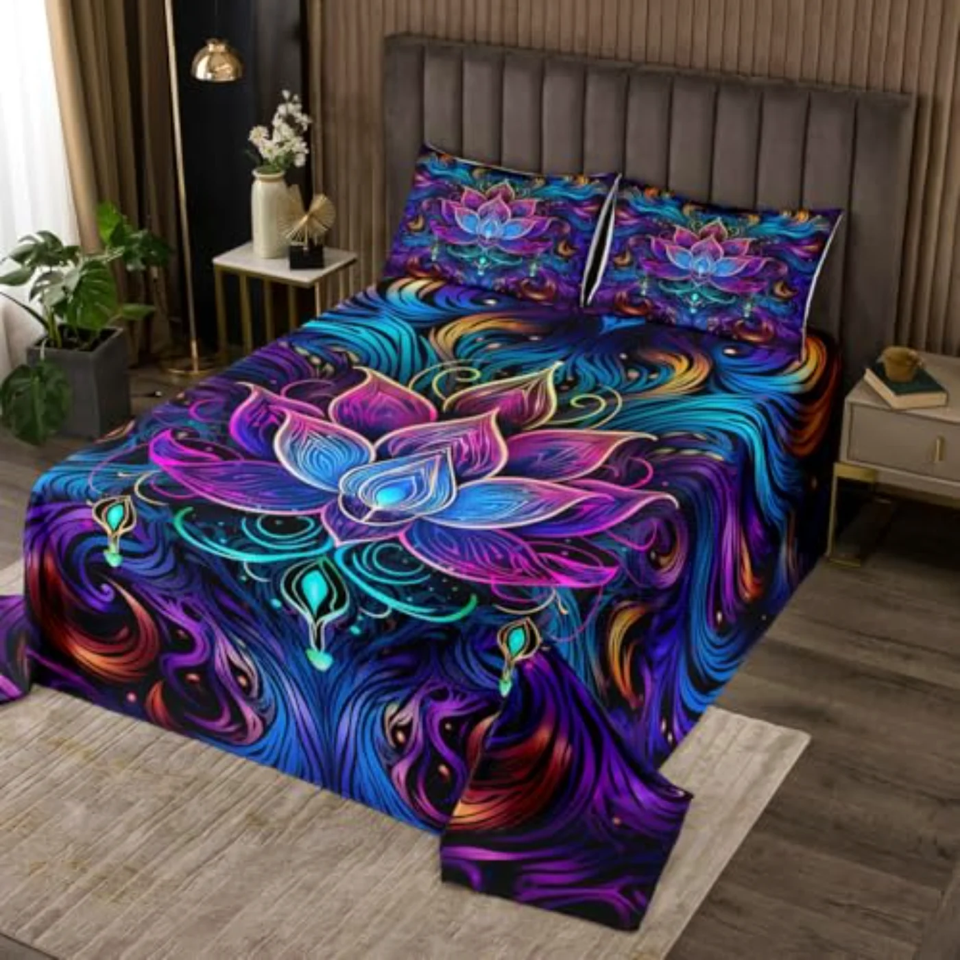 Lotus Coverlet Bohemian Theme Bedspread Quilt, Twin