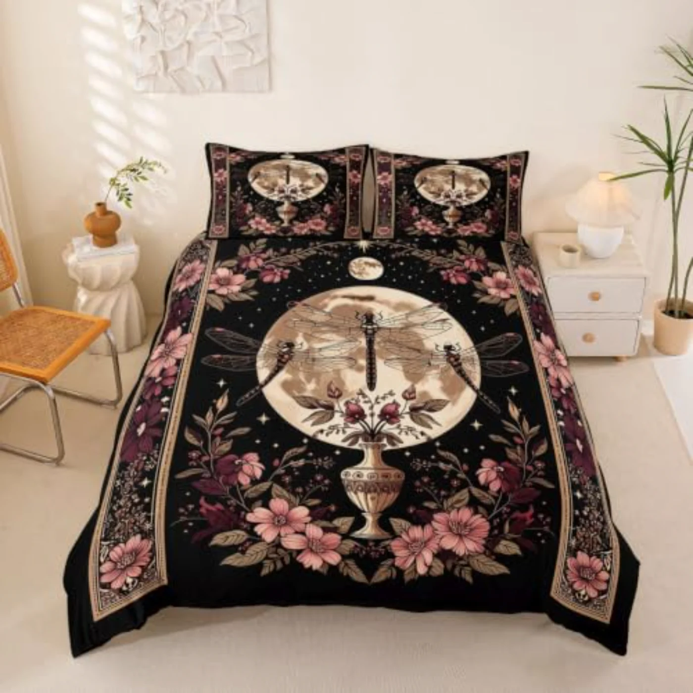 Bohemian Dragonfly Bright Moon Boho Duvet Cover, Queen
