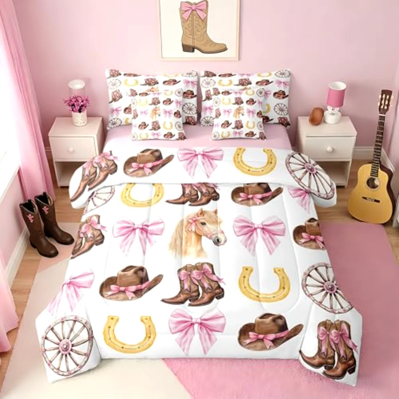 Pink Bow Horse Sheets Girls Comforter Set, Full