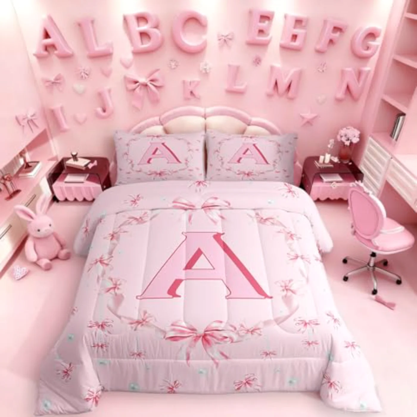 Initial Letter Cute Kawaii Bow Comforter Set, Queen