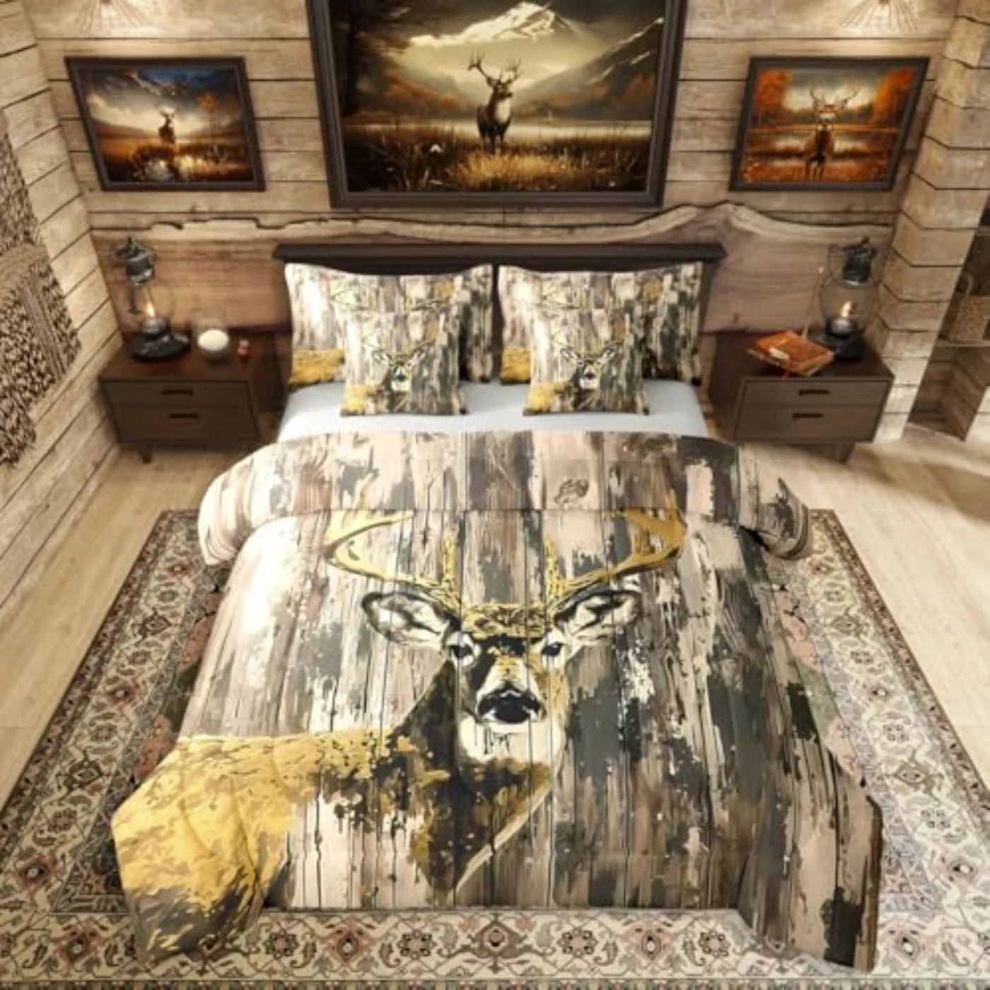 Hunting Deer Rustic Farmhouse Wooden Comforter Set, Queen