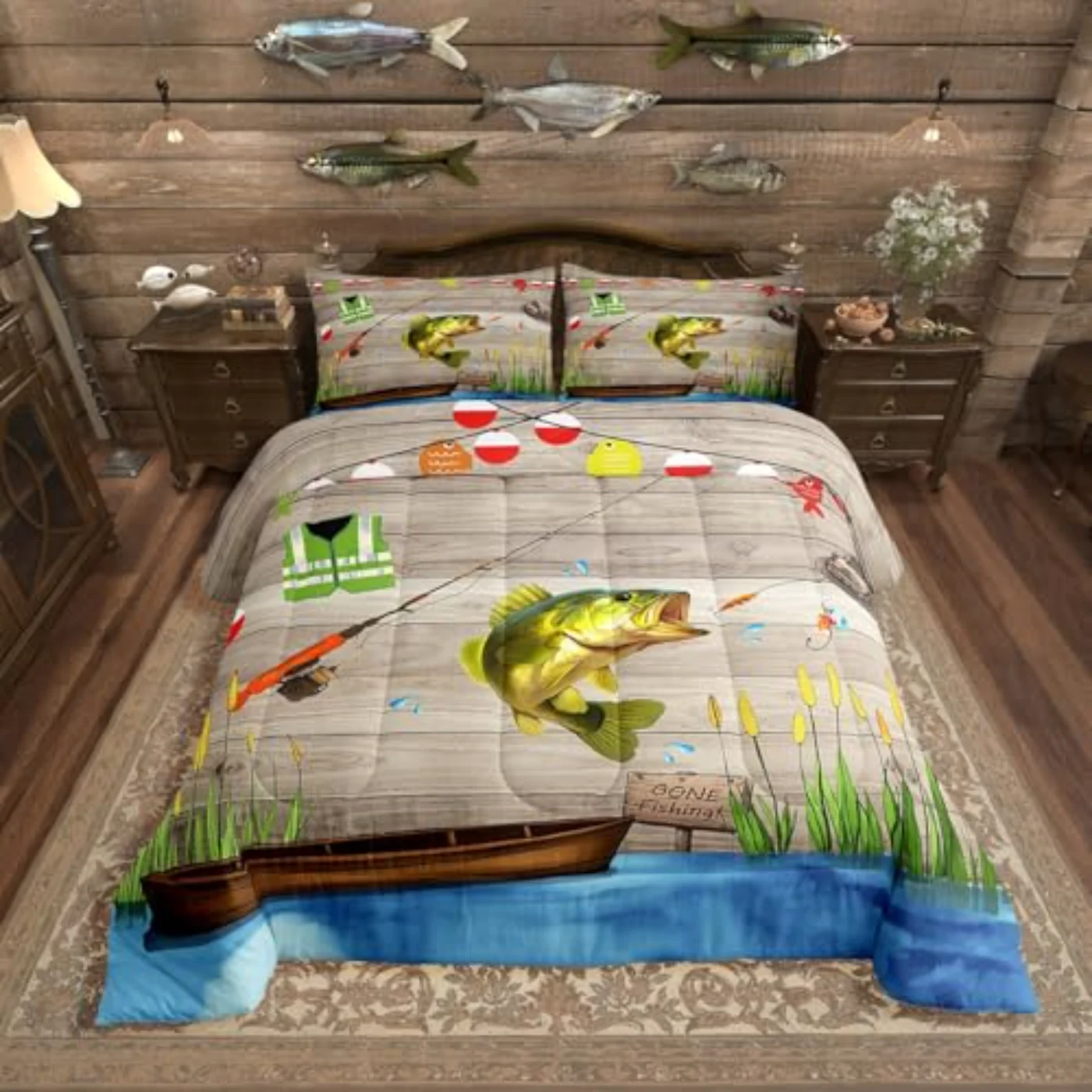 Go Fishing Rustic Farmhouse Bass Quilt, Full