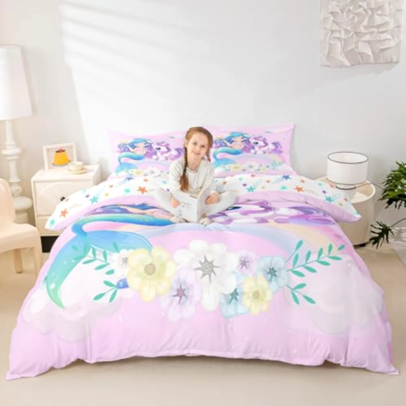Blue Mermaid Girls Cute Unicorn Duvet Cover, Twin