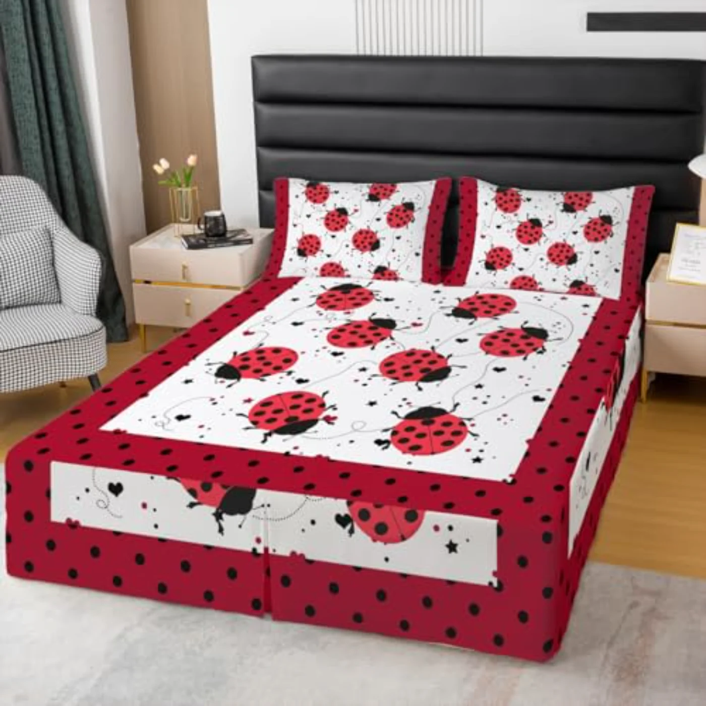 Red Ladybug Skirt Cartoon Ladybugs Comforter Set, Twin