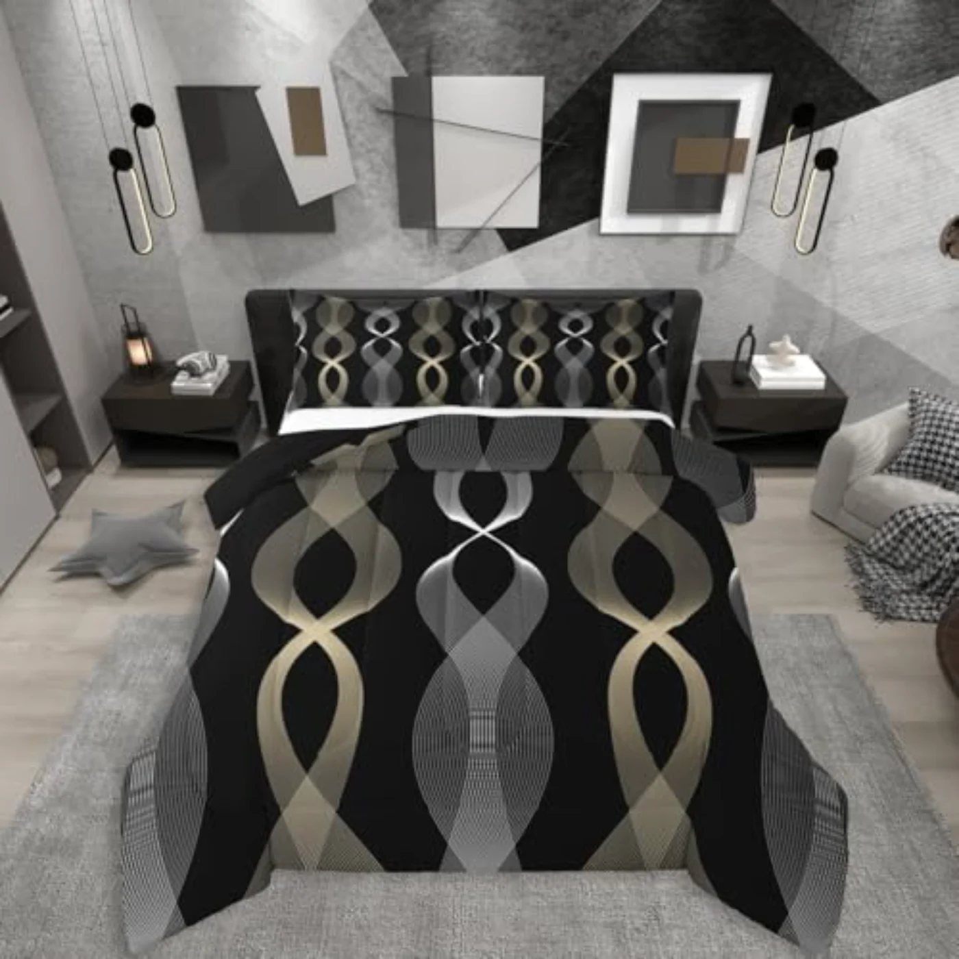 Gold Striped Abstract Comforter Set, Full