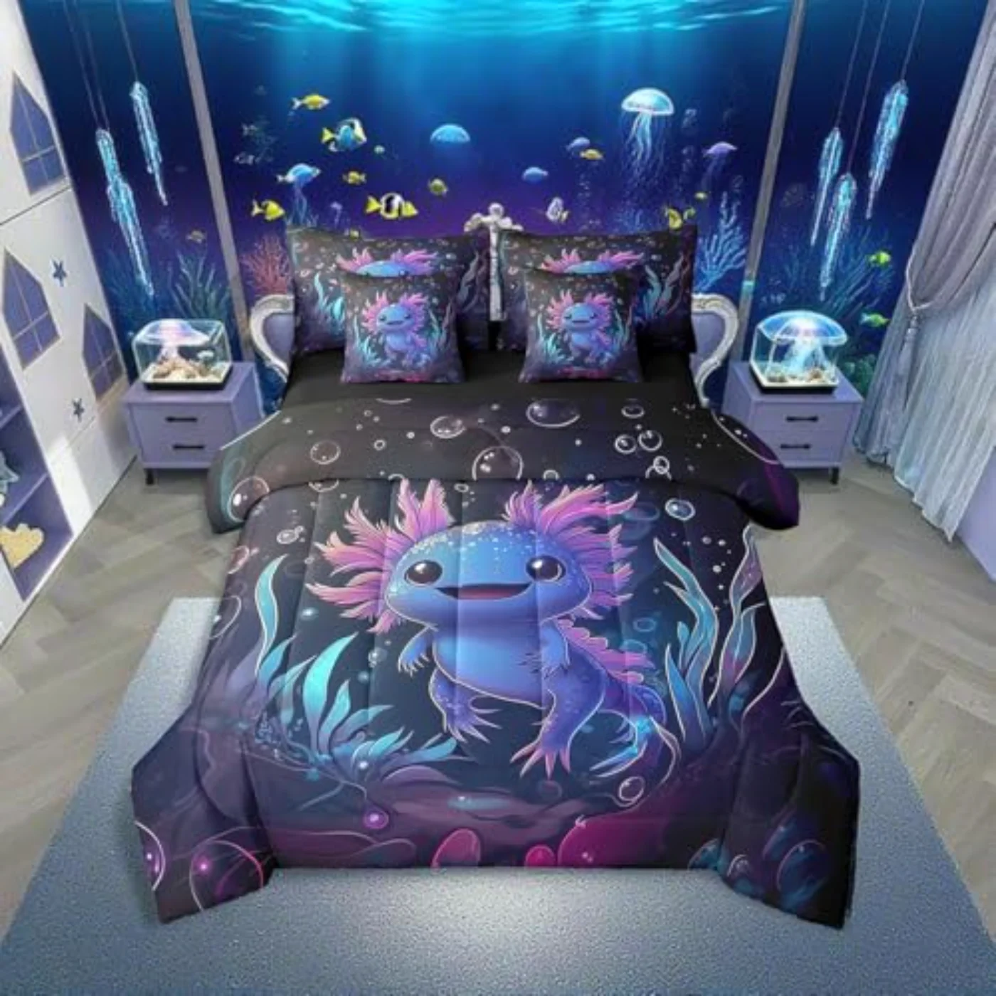 Cute Axolotl In Bag Cartoon Comforter Set, Twin