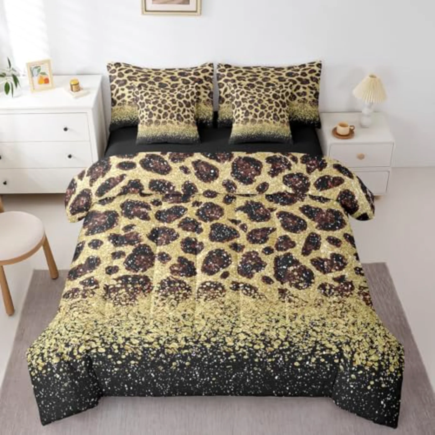 Sepia Brown Leopard Print Comforter Set, Queen