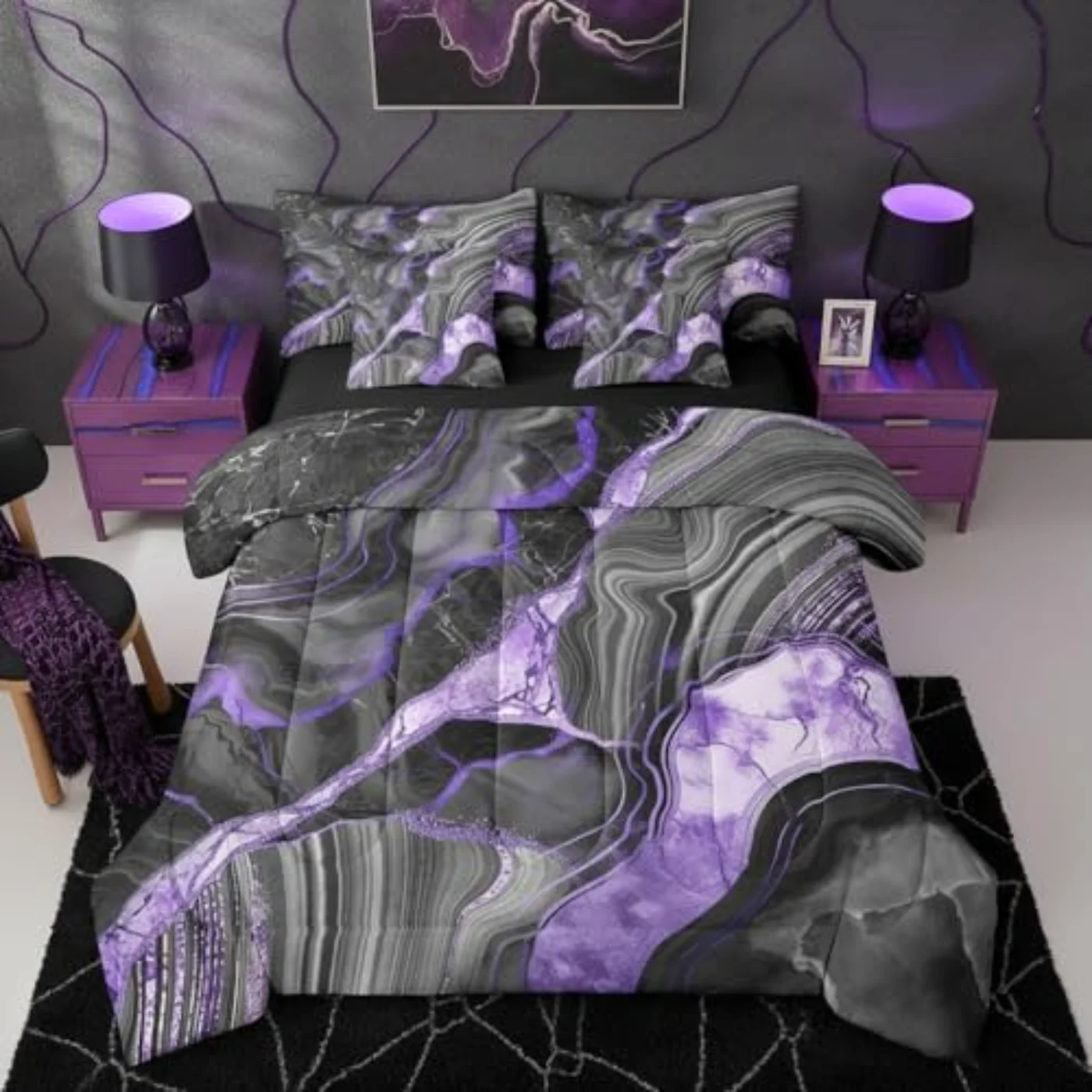 Black Grey Marble Comforter Set, Twin