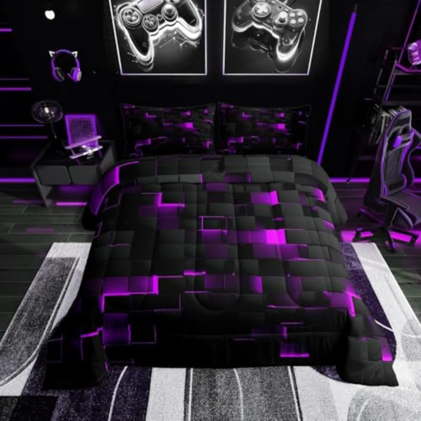 Black Purple Neon Geometric Checkered Comforter Set, Queen