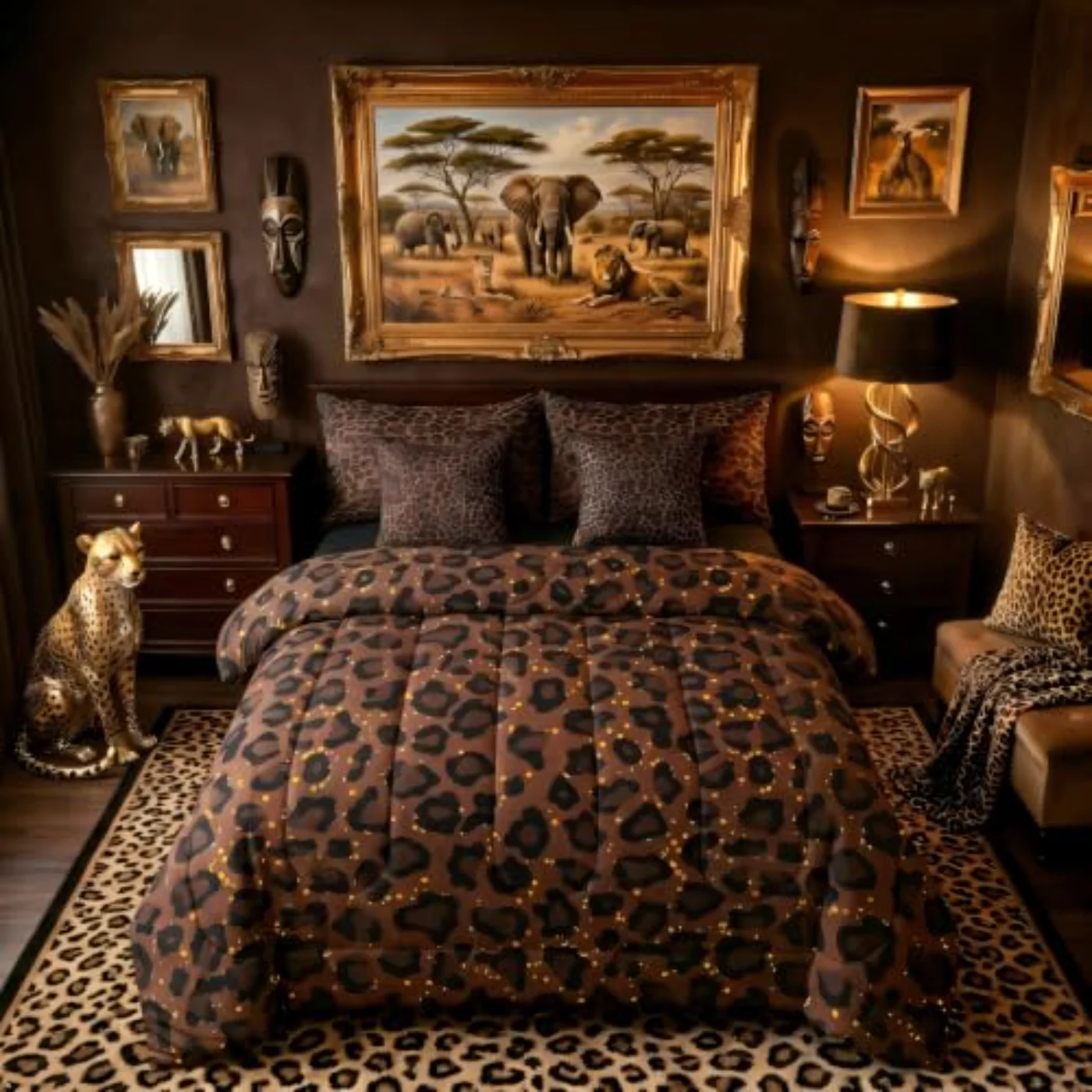 Black Brown Leopard Print Cheetah Comforter Set, Queen