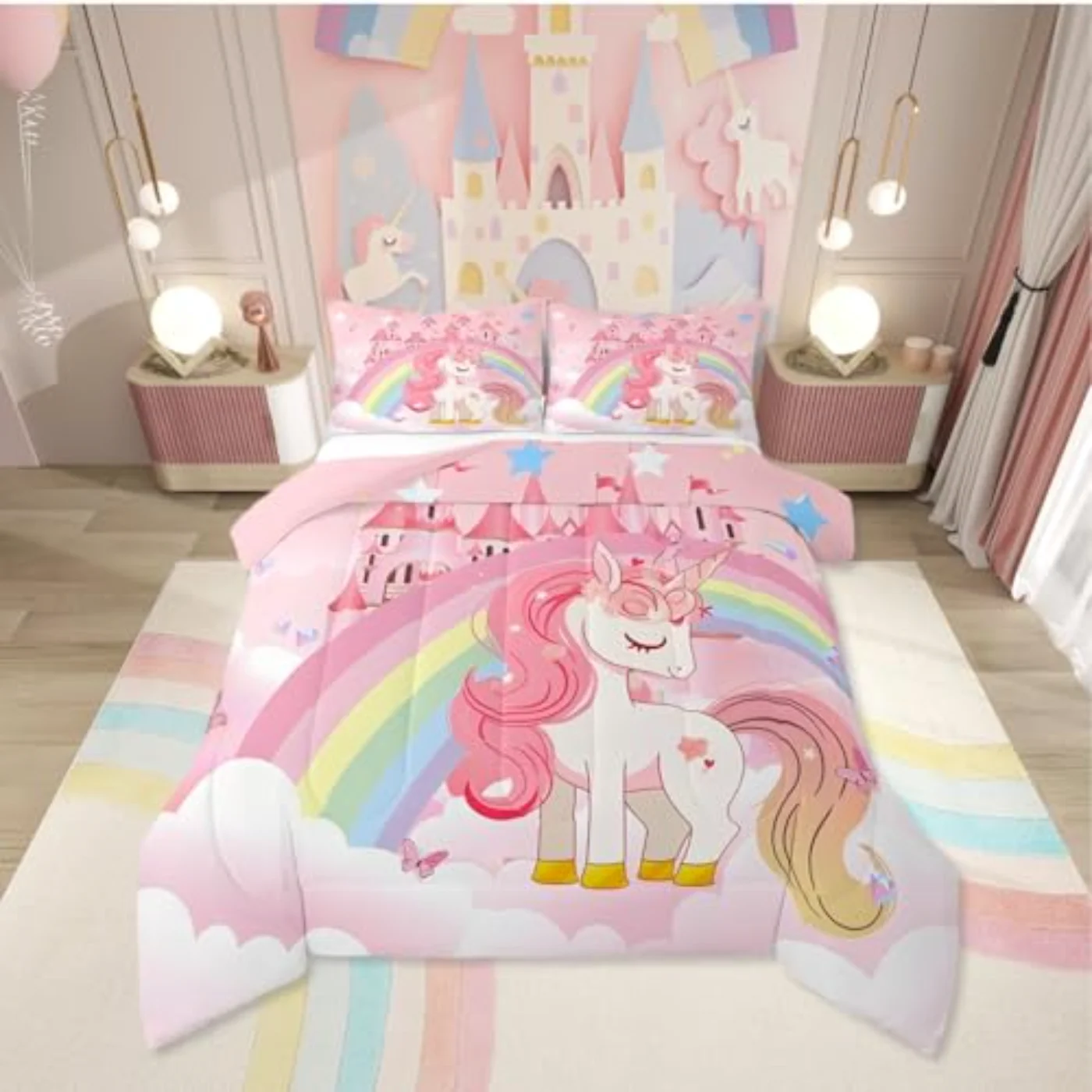 Unicorn Girls Rainbow Kids Pink Comforter Set, Full