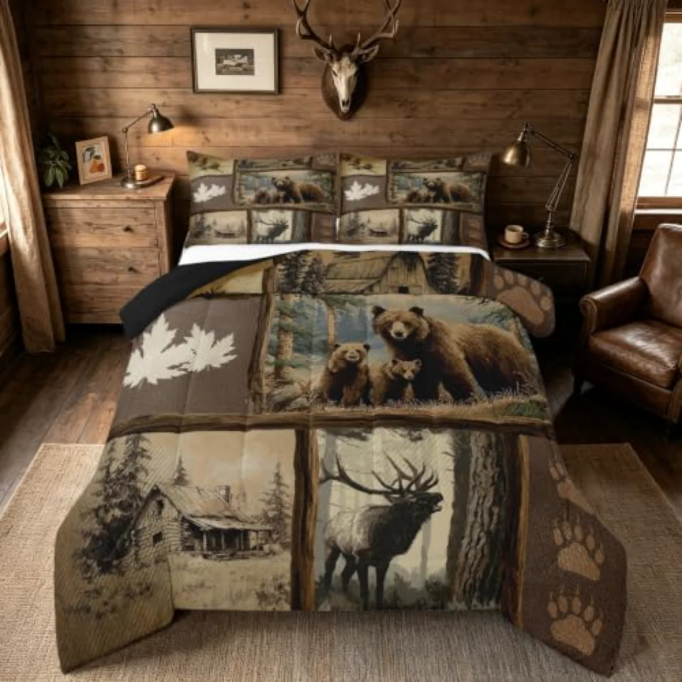 Grizzly Bear Deer Plaid Kids Comforter Set, Queen